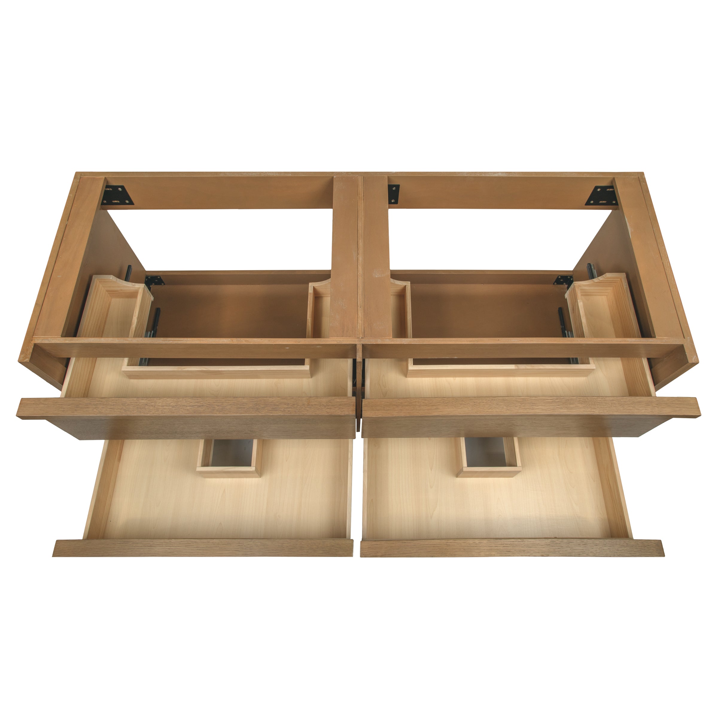 Top-down view of a double wooden vanity frame with open drawer compartments and natural wood finish