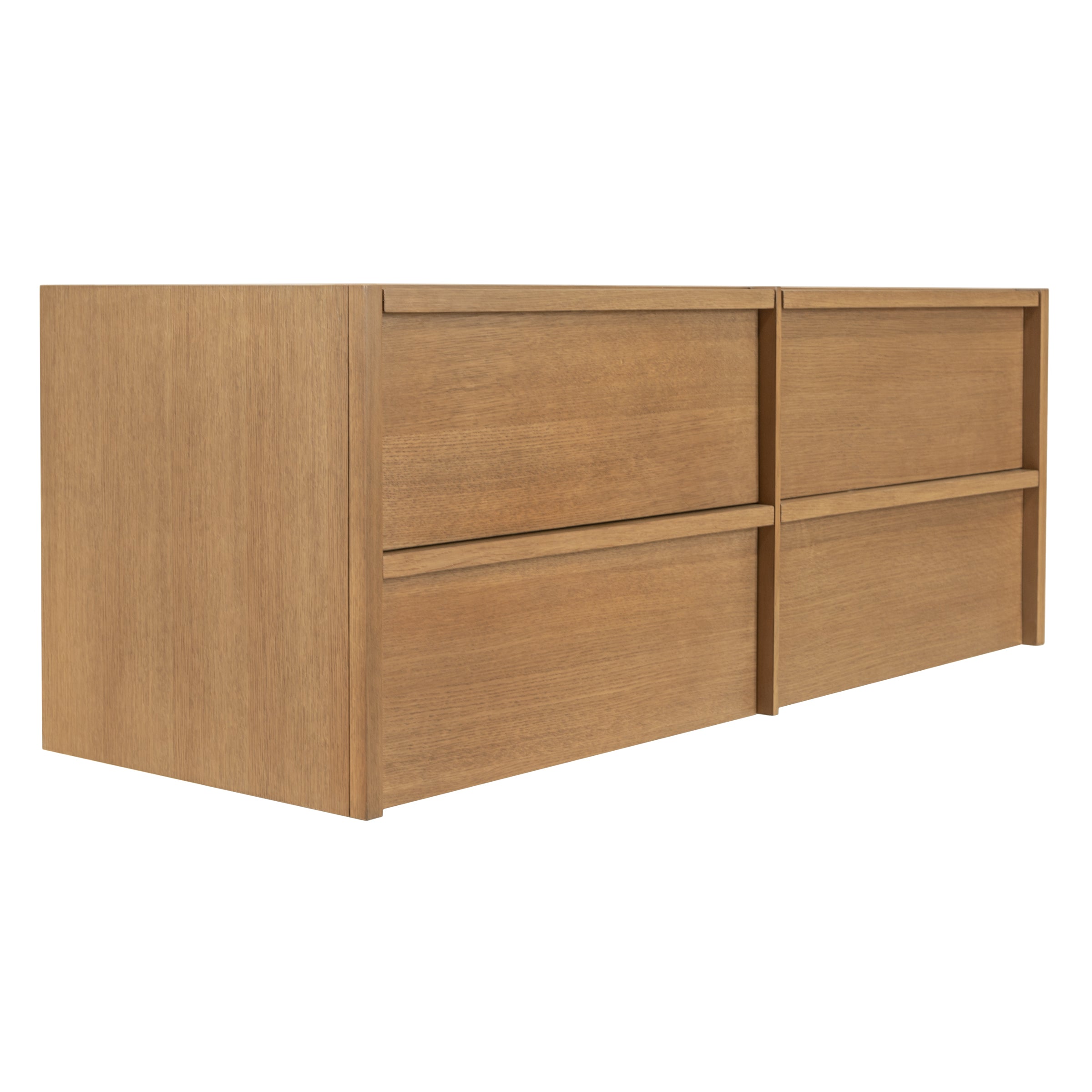 Rectangular wooden vanity cabinet with four flat panel drawers in a warm natural oak finish without visible hardware