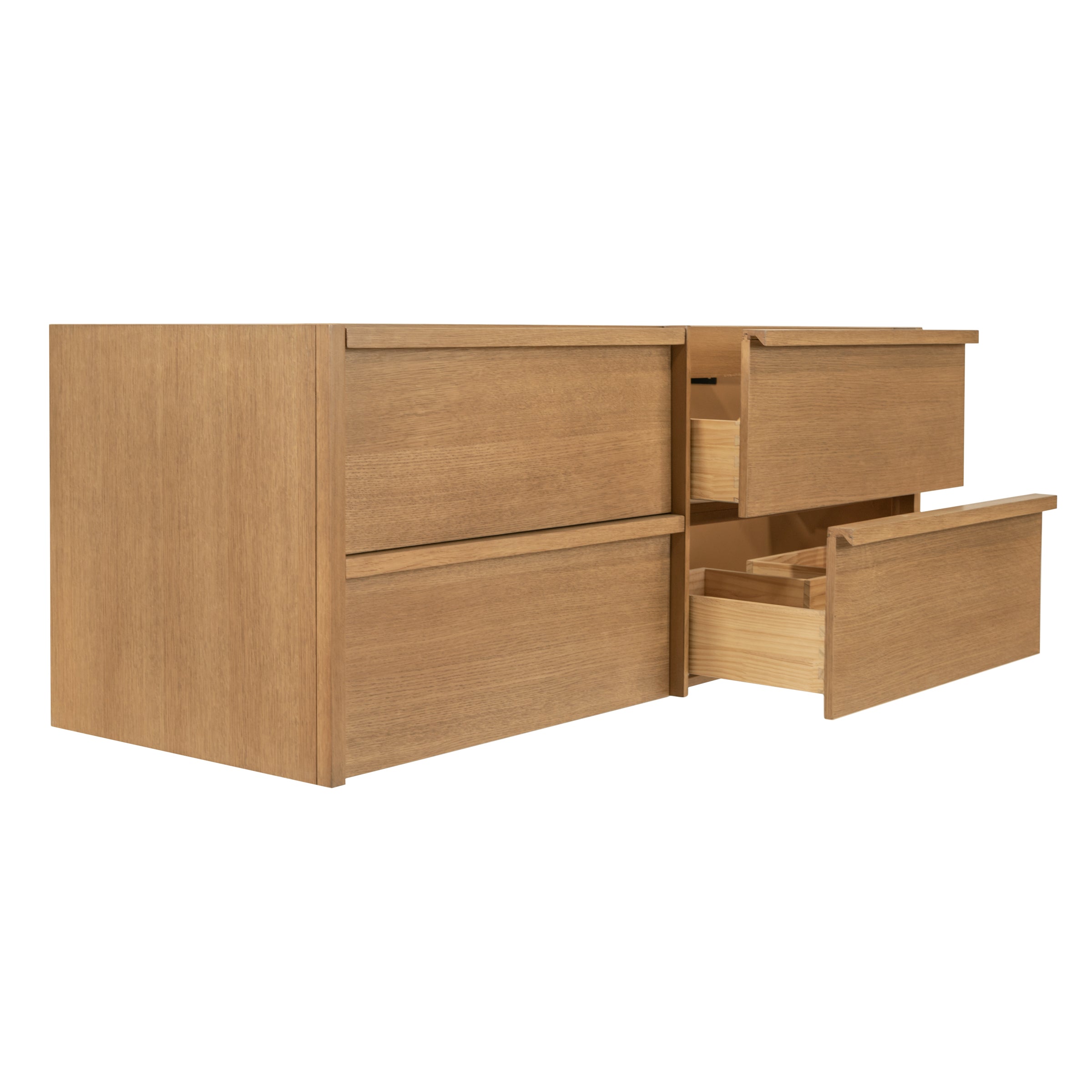 Natural oak rectangular storage cabinet with clean lines and two drawers partially open on the right side