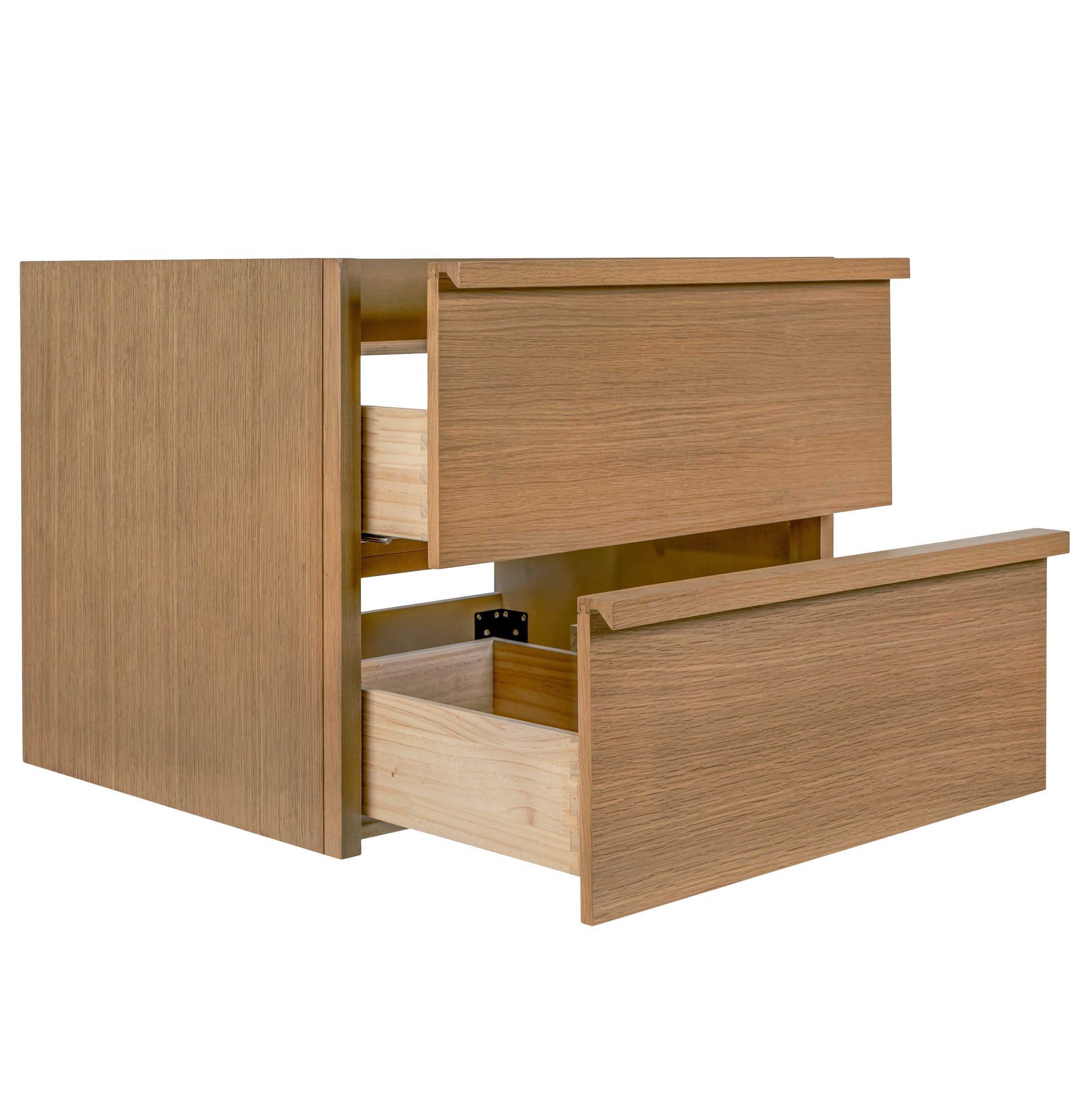 Light natural wood floating drawer unit with two partially open drawers showing smooth grain and clean edges
