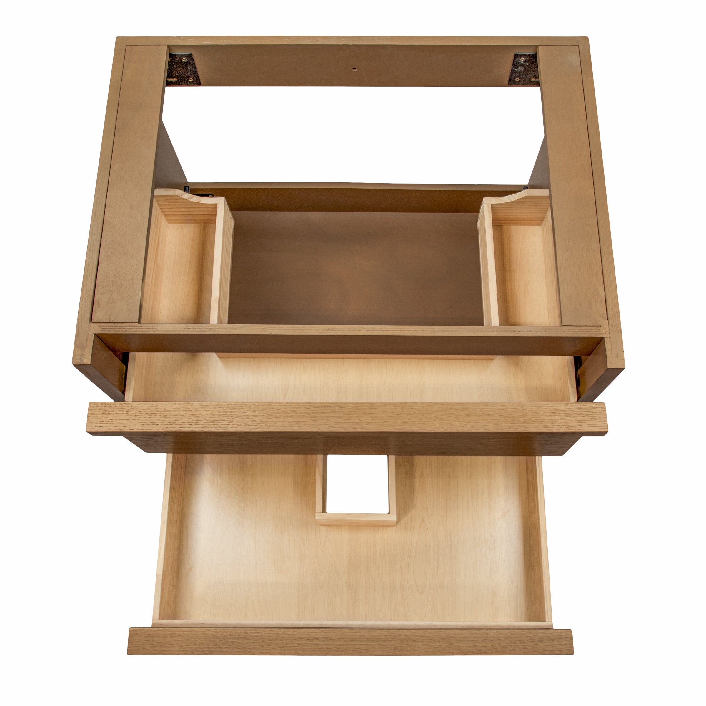 Open light oak vanity frame with two sliding drawers and a cutout section for plumbing access visible from above view
