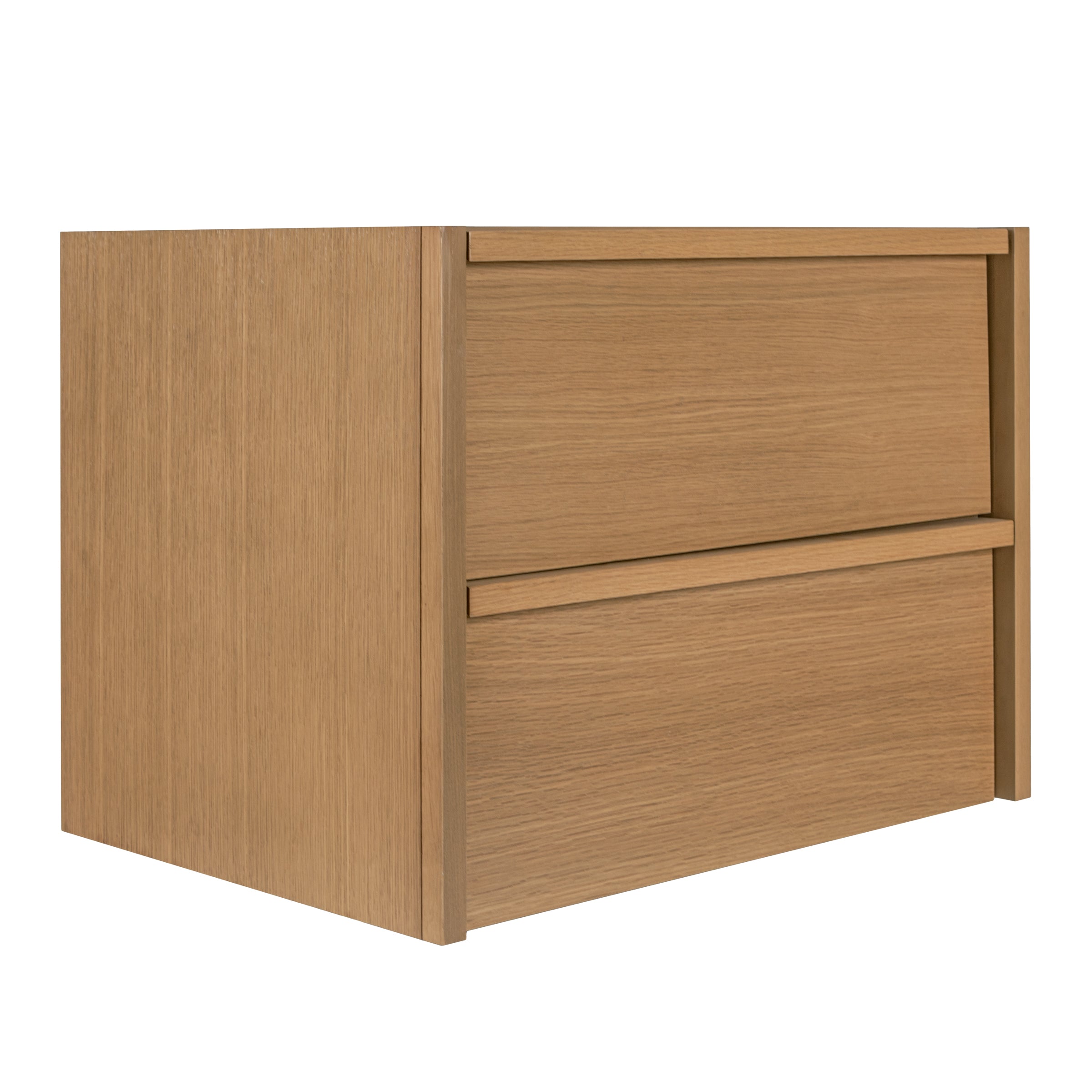 Compact oak wood cabinet with two smooth front drawers and a minimalist design showcasing natural wood grain texture