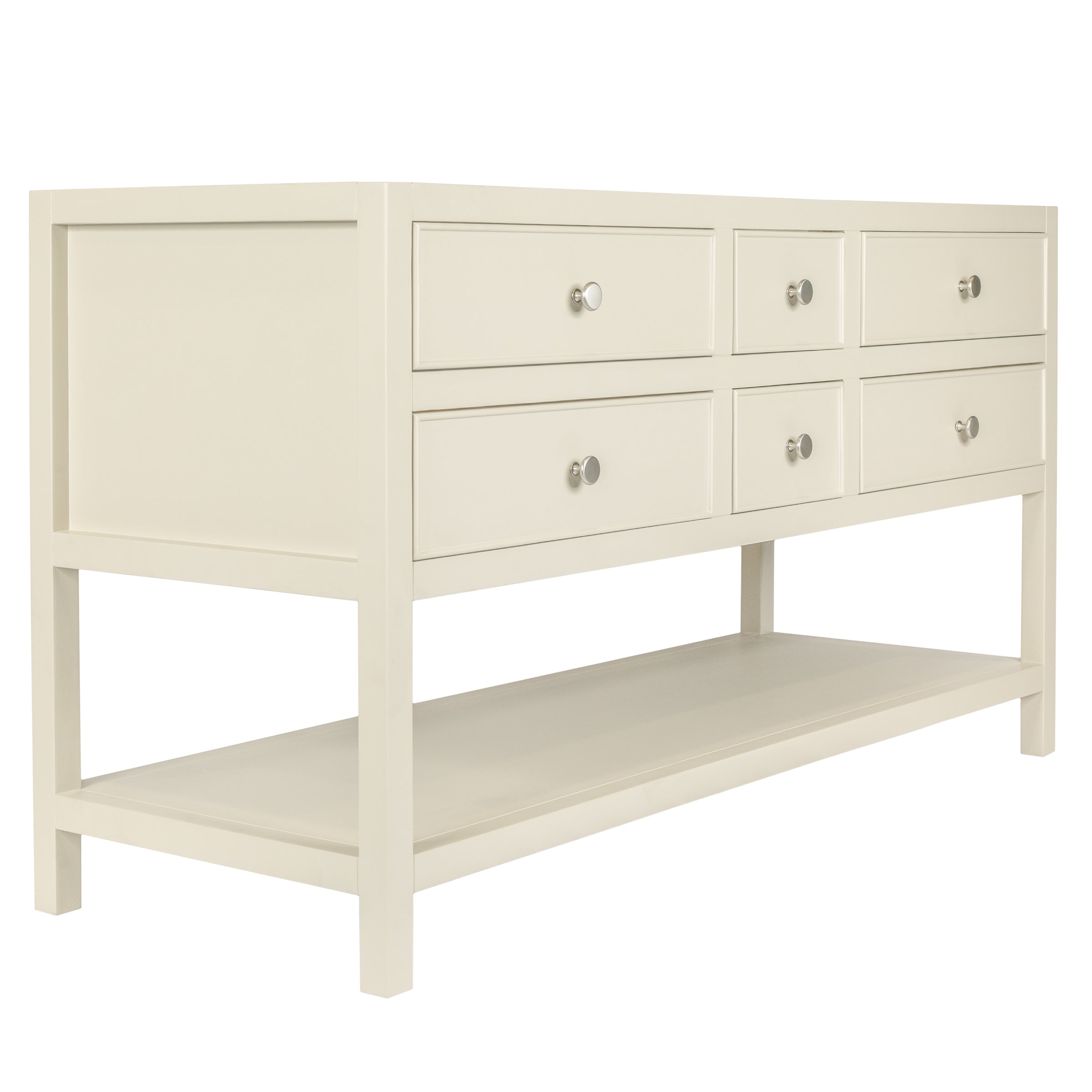 Cream-colored wooden vanity with six drawers and a spacious open shelf below in a streamlined design