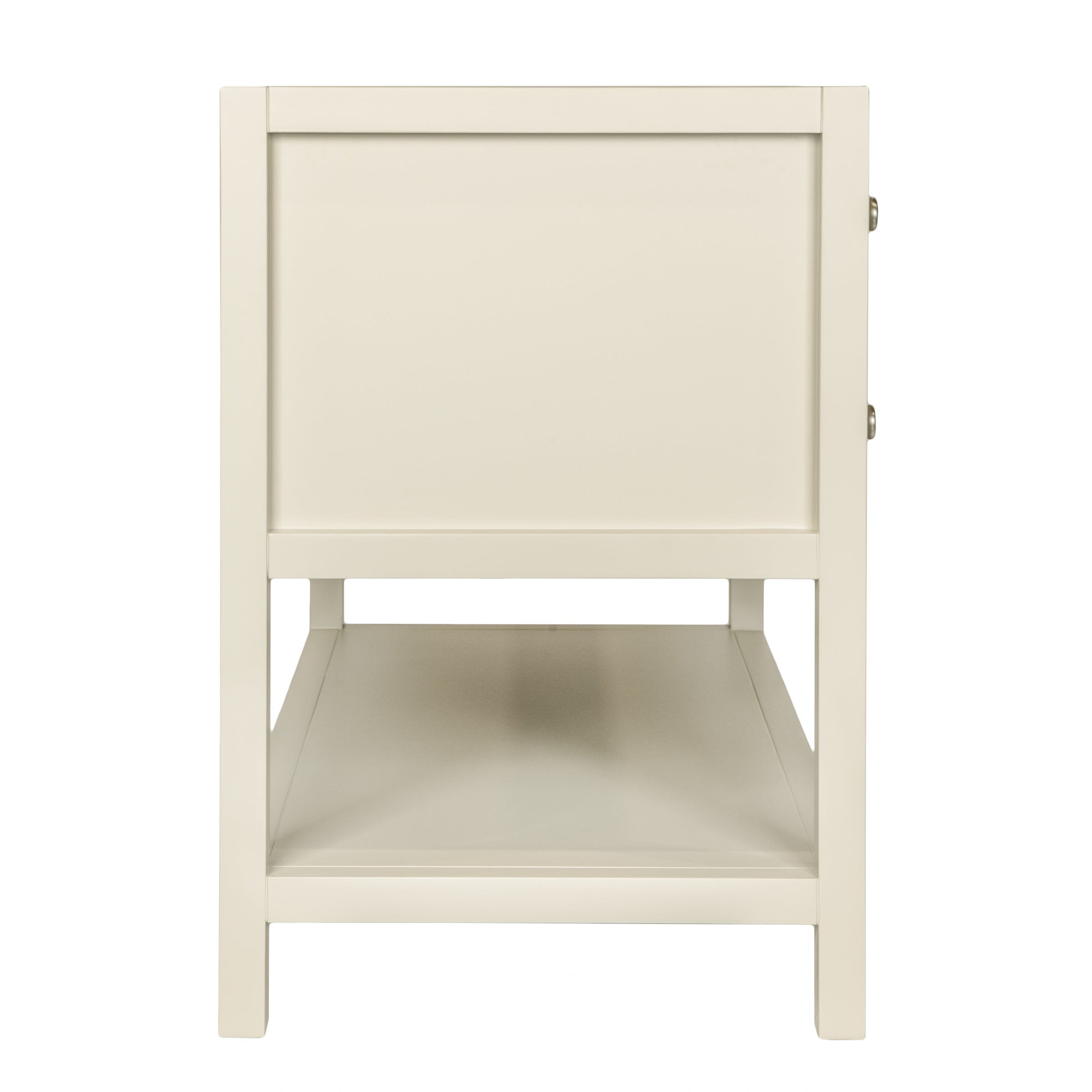 Minimalist off-white wooden cabinet viewed from the side with clean lines and an open lower shelf design