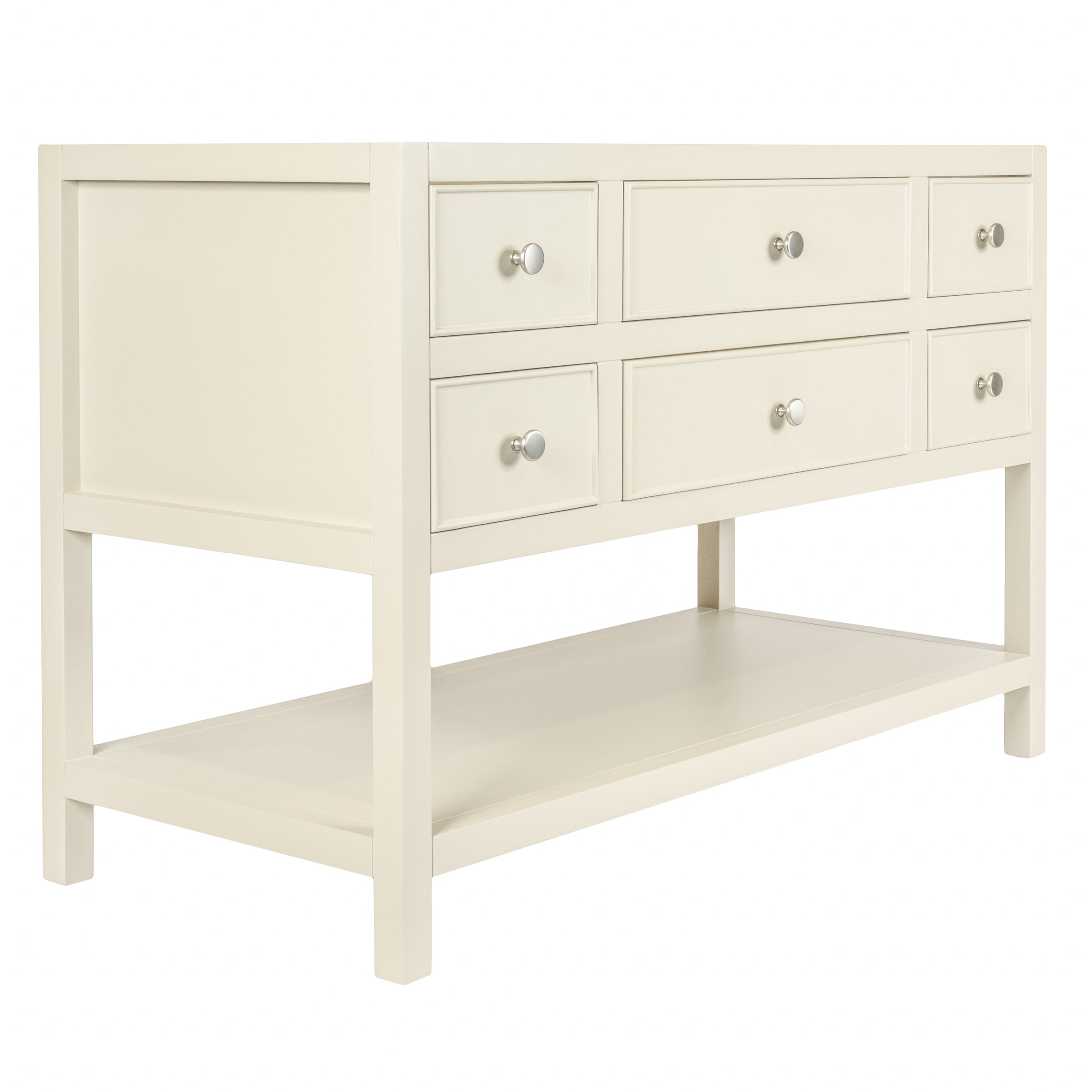 Off-white wooden console with six drawers and a spacious lower shelf in a clean, modern design