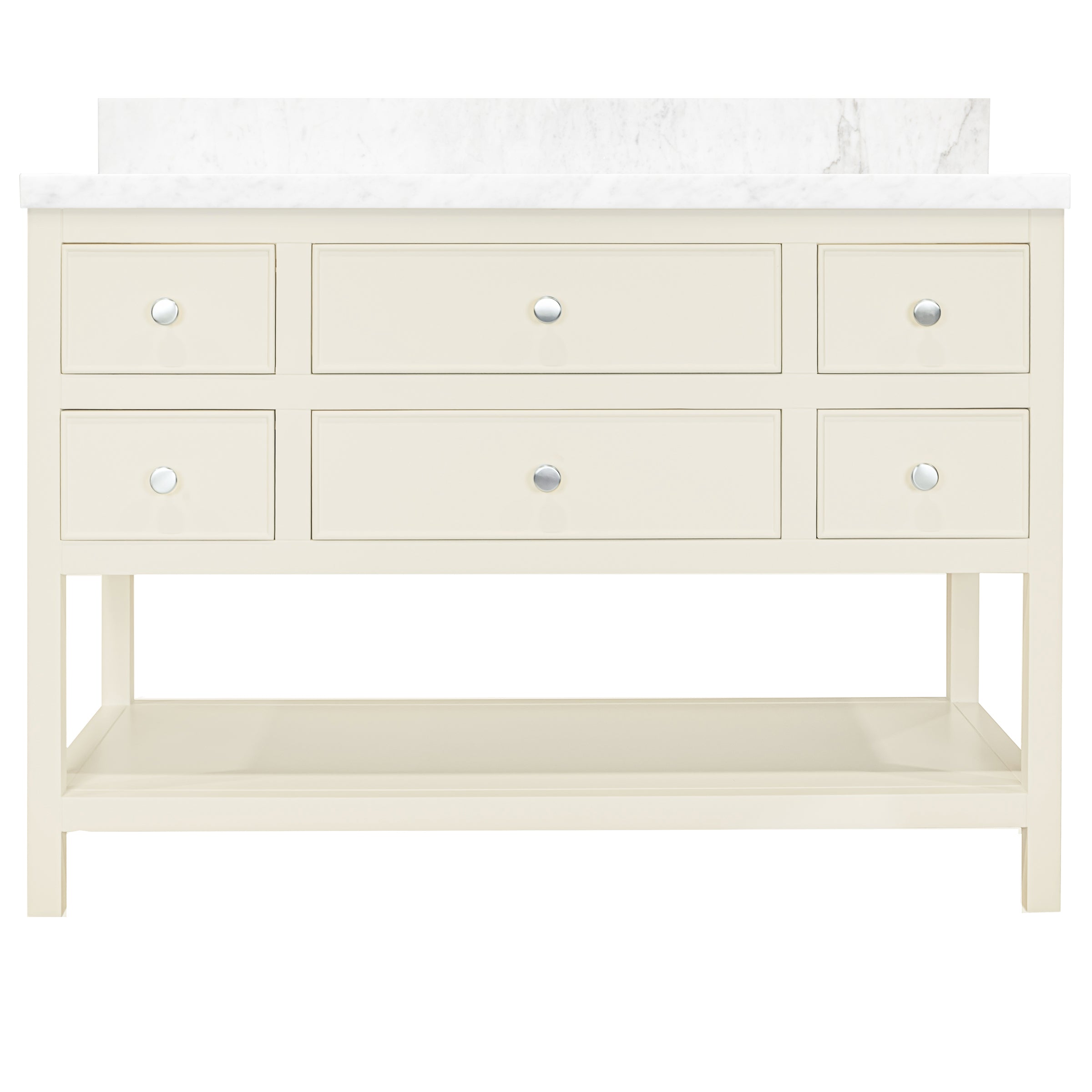 Type 6 Bathroom Vanity in taupe with dovetail drawers, open lower shelf, and round knobs from Bathroom Vanities collection.