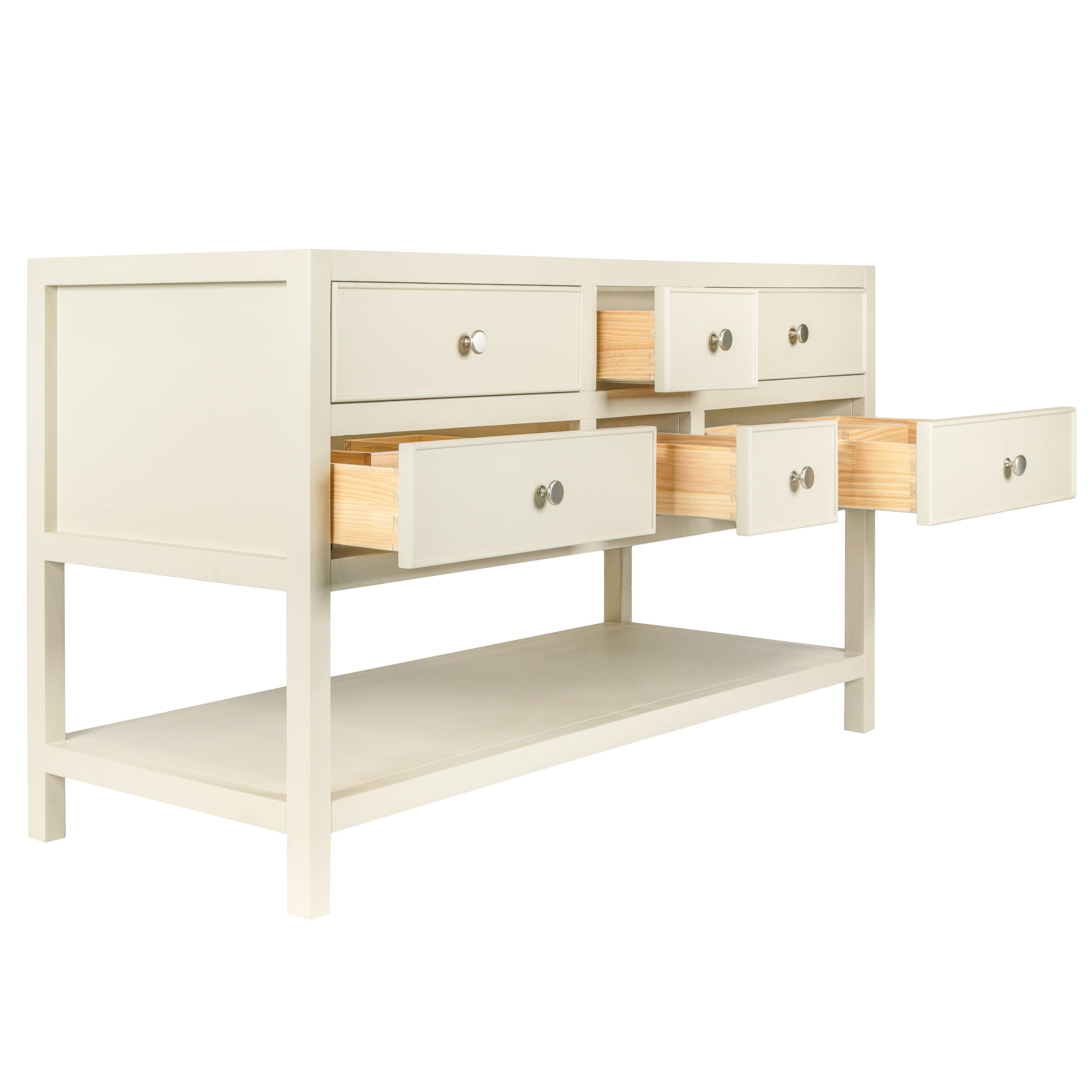 Cream-colored wooden vanity with six open drawers showing natural wood interiors and an open bottom shelf design