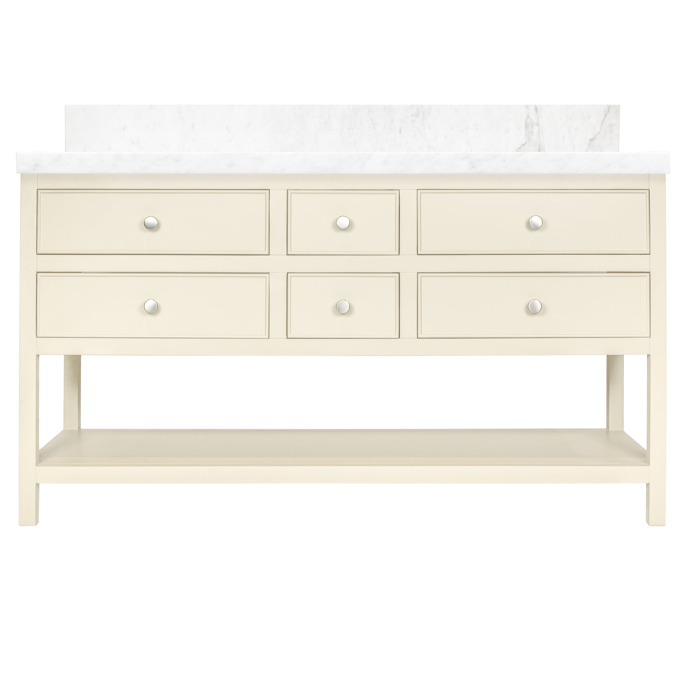 Type 6 Bathroom Vanity in light taupe with six drawers, open shelf, and white marble countertop from Reno Source