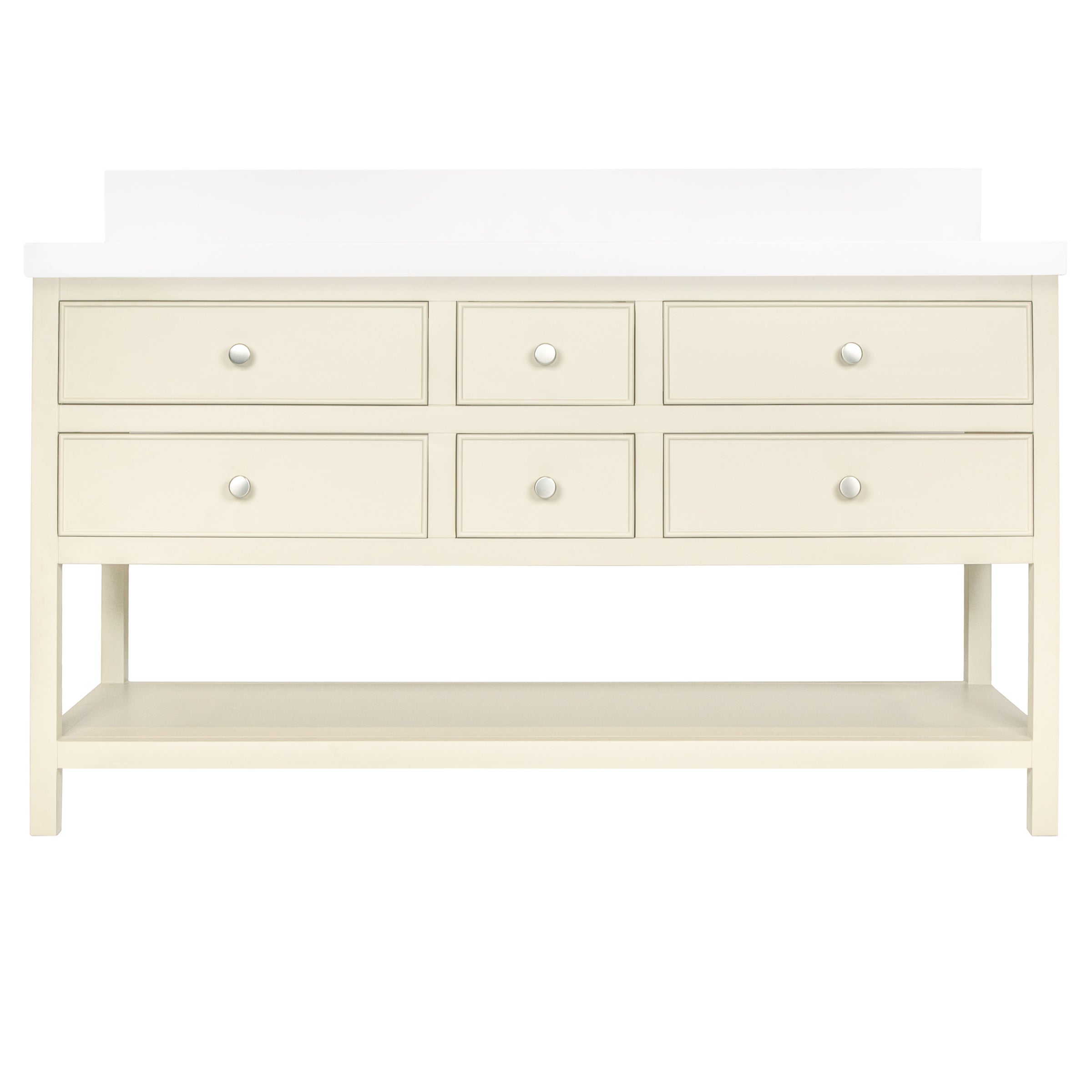 Type 6 Bathroom Vanity in taupe with drawers, open lower shelf, and round knobs, globally sourced for your imagination.