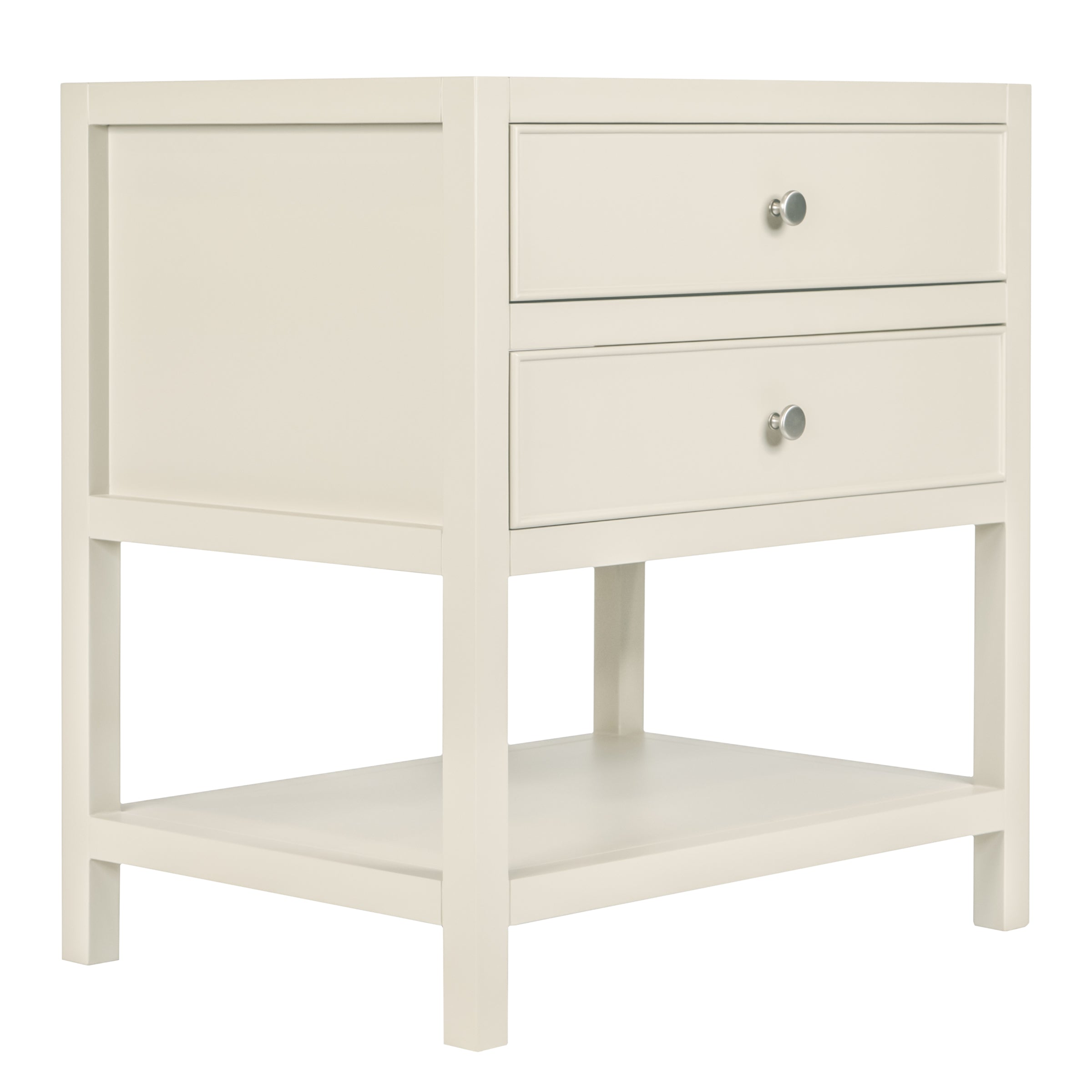 Cream-colored wooden bedside table with two drawers and an open shelf in a modern, streamlined style