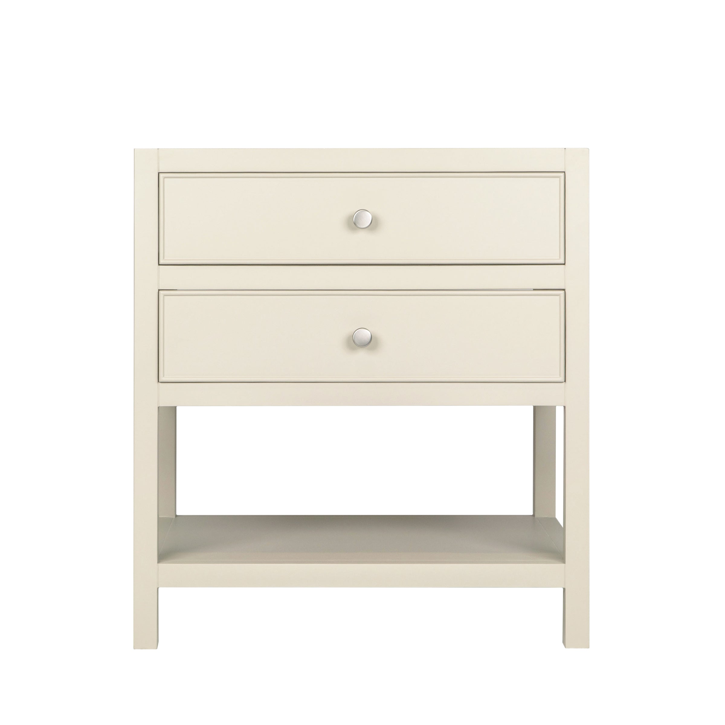 Type 6 Bathroom Vanity in plaster finish with dovetail drawers, open shelf, and round knobs, perfect for bathroom vanities.