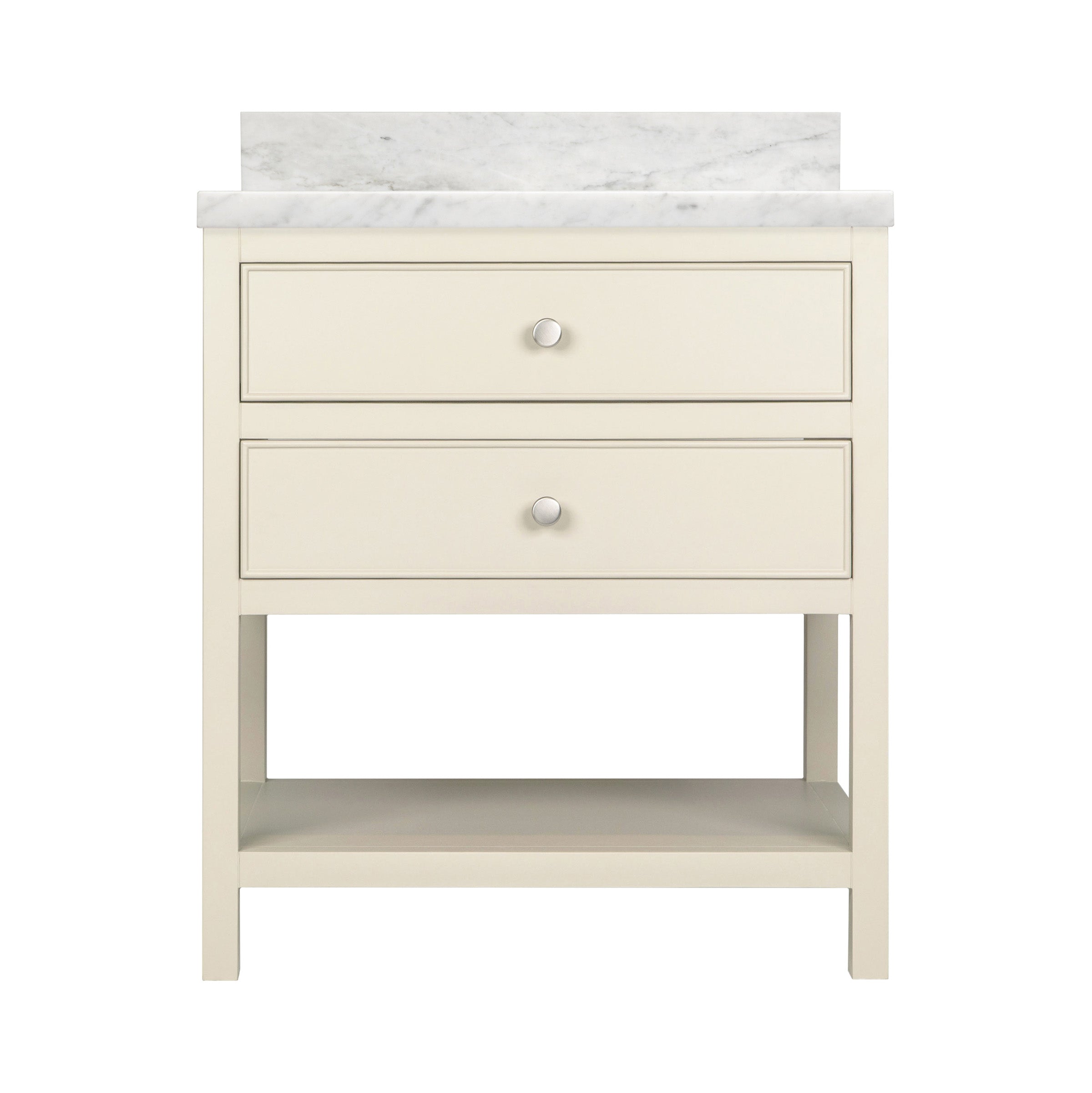 Type 6 Bathroom Vanity in plaster finish with two drawers and open shelf, part of New Arrivals and Bathroom Vanities collections.