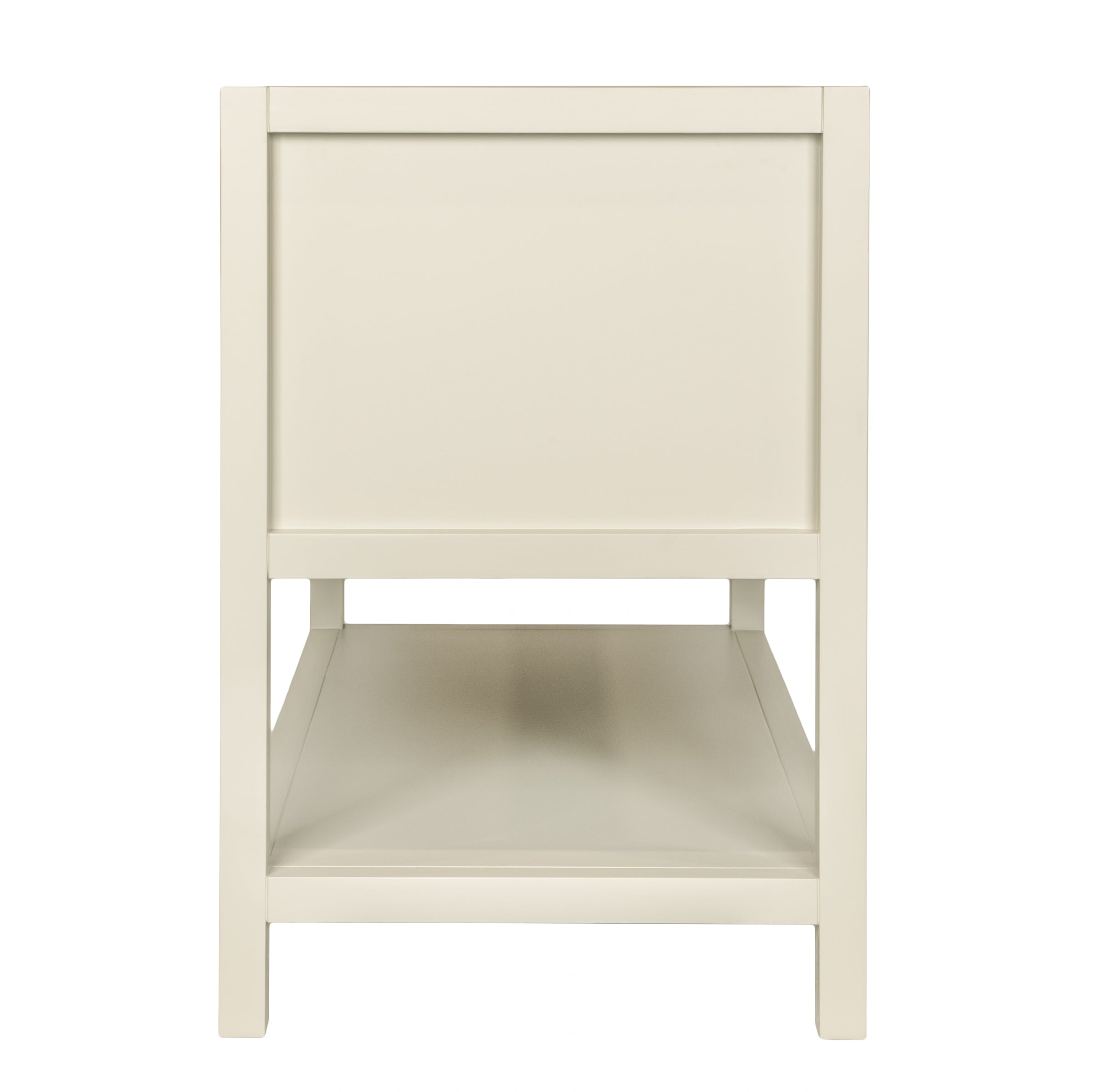 Side view of an off-white wooden vanity featuring a simple panel and a spacious open lower shelf design