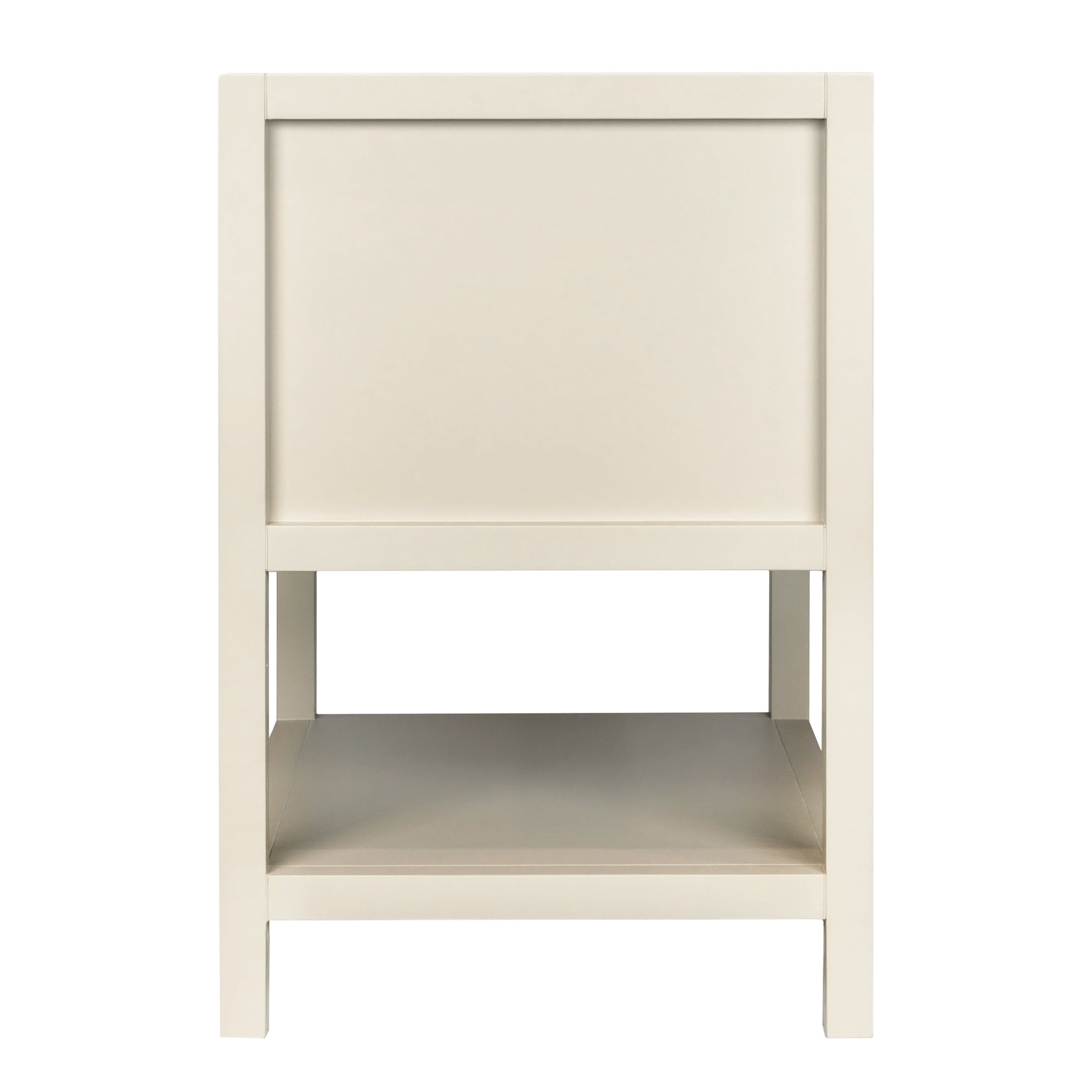 Minimalist cream-colored wooden side table with open lower shelf and clean, simple lines in modern design