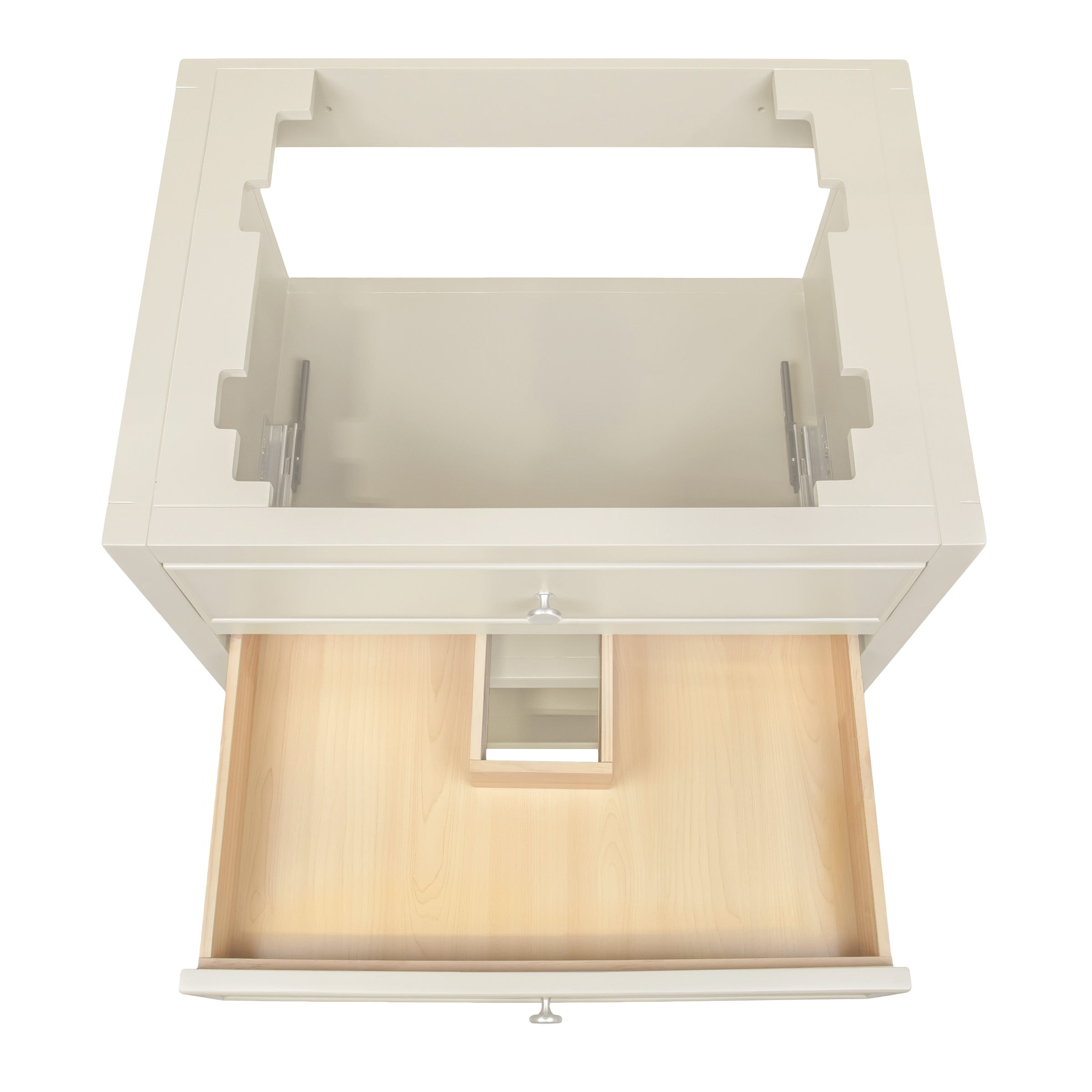 Cream-colored wooden vanity cabinet frame with open top and a single drawer featuring a small internal divider