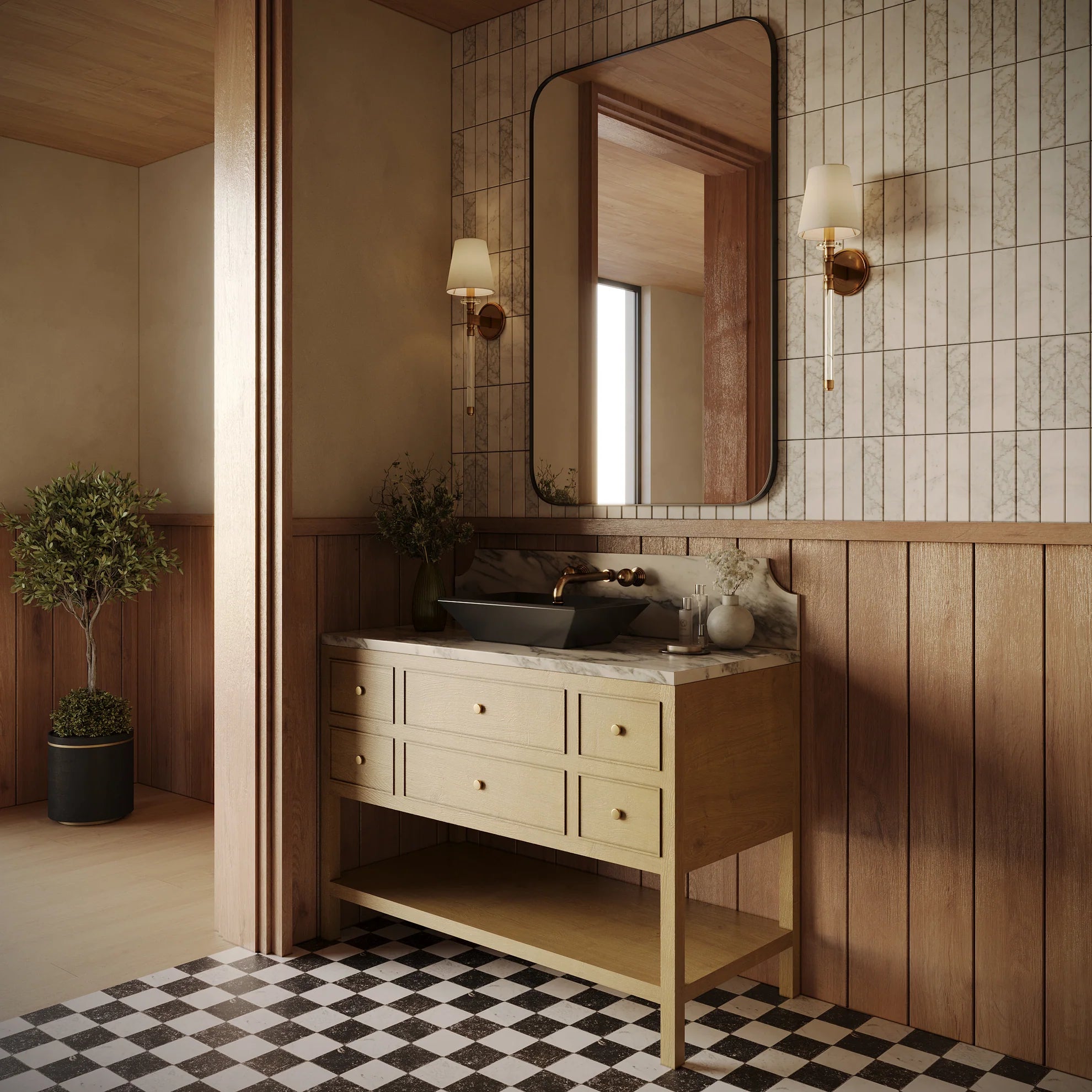 Bathroom with wood paneling, checkered tile floor, beige vanity with marble countertop, and large rectangular mirror