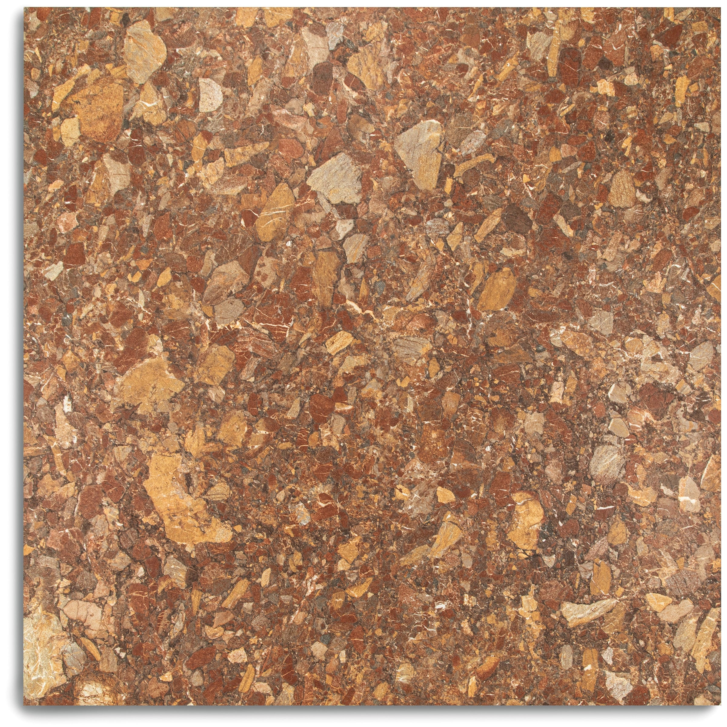 Richly textured tile with fragmented mix of deep reds, warm browns, and amber tones in natural stone style