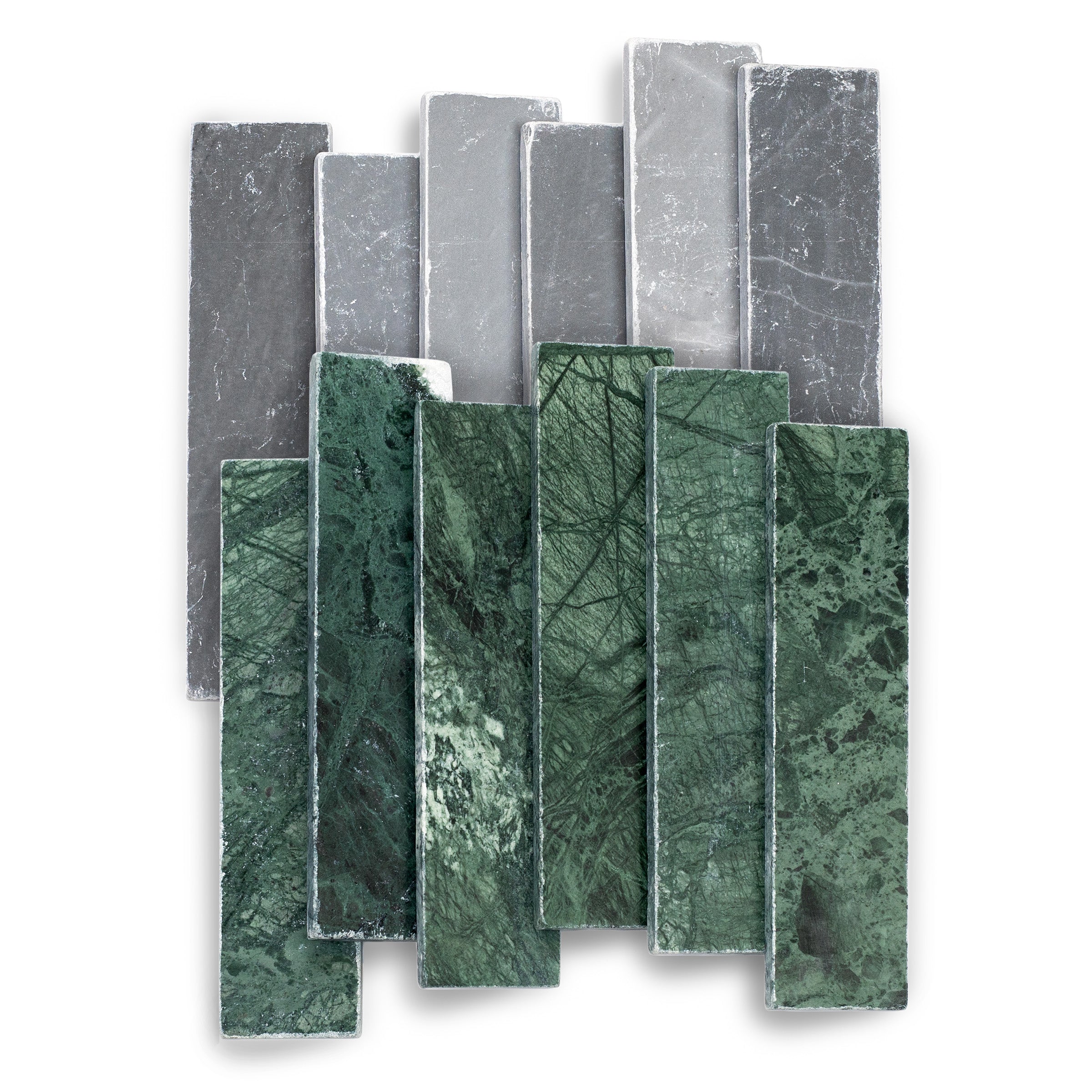 Verde Guatemala Bardiglio Tumbled Stone Checker Stripe marble tiles in green and gray from Tumbled Natural Stone Tiles collection