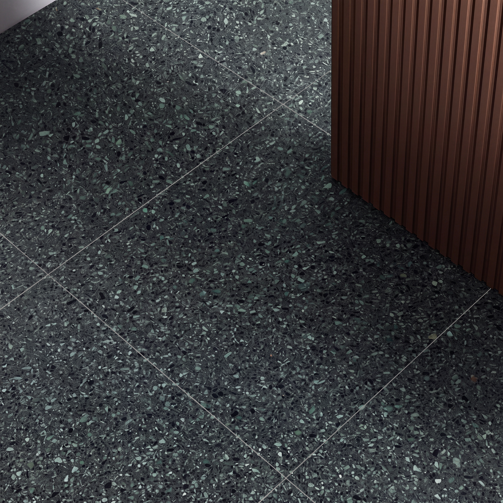 Pepper Confetti Porcelain Tile dark terrazzo floor with grey white and sage chips