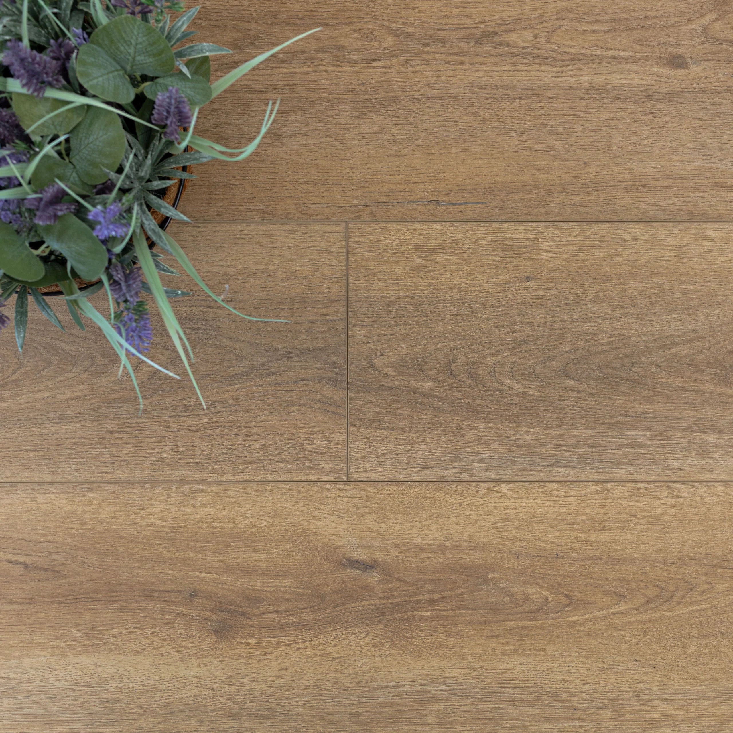 Top view of warm oak vinyl flooring with natural wood grain patterns and a decorative green and purple plant arrangement