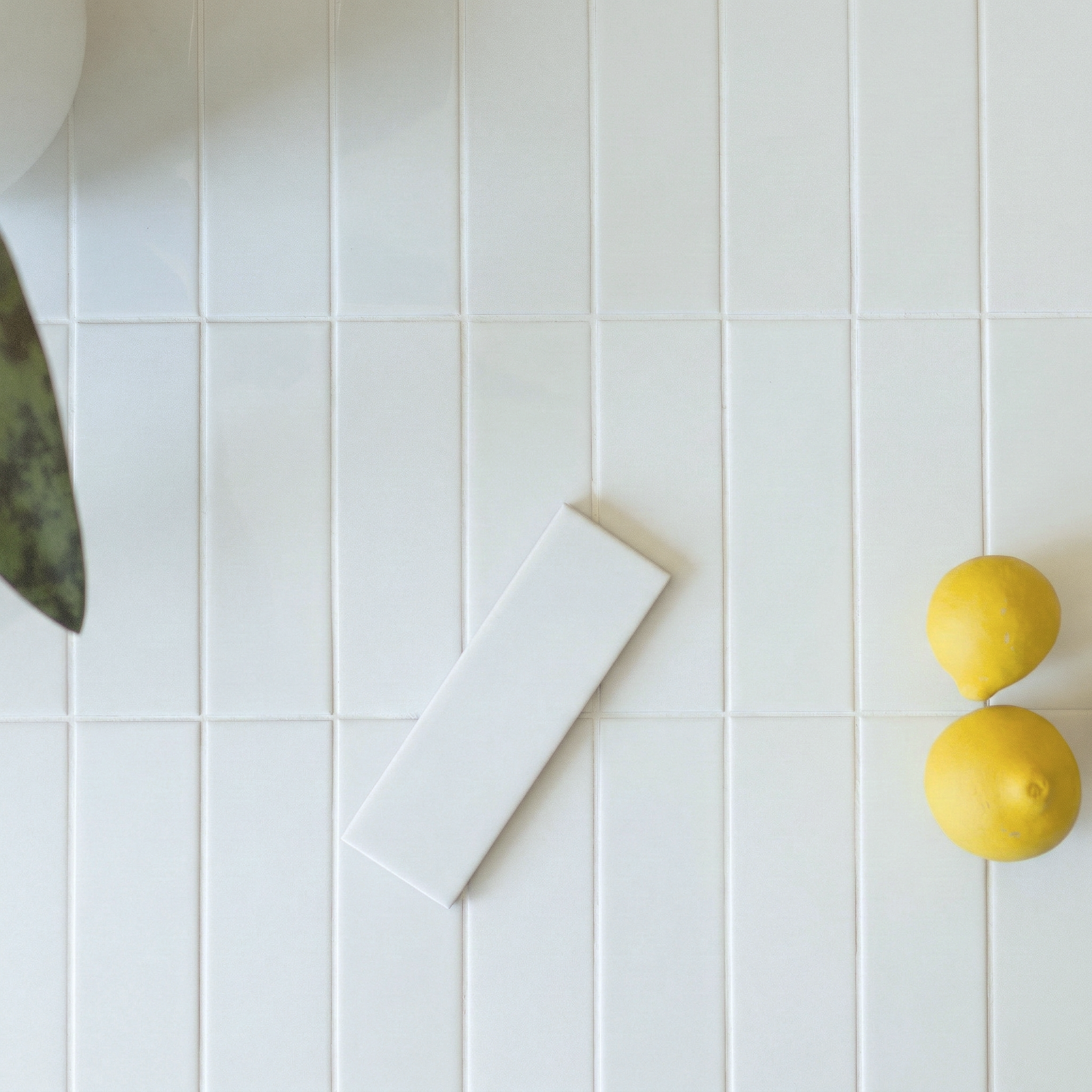 White rectangular ceramic tiles arranged vertically with two lemons and a leaf on a light surface