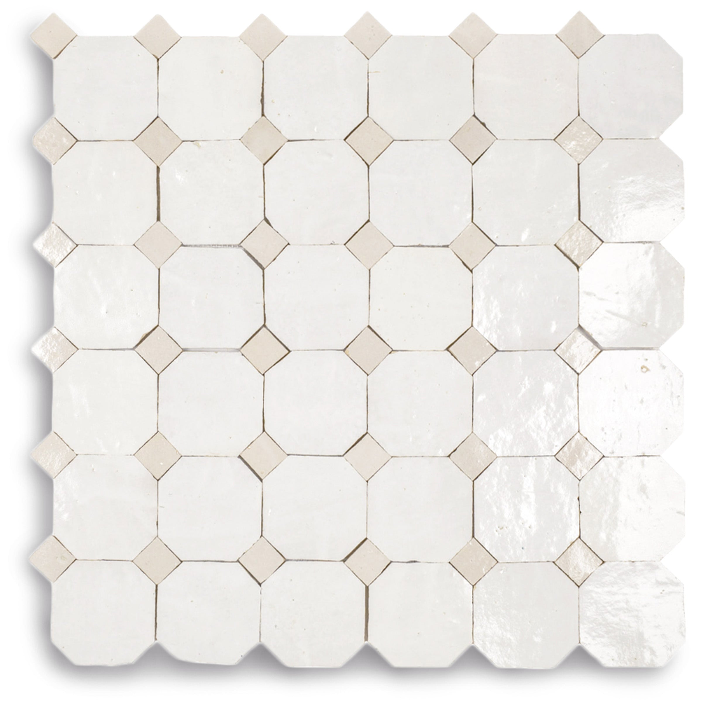 White & Ecru Octagon Zellige Mosaic in terracotta with soft tonal octagon and dot pattern from Handmade Moroccan Zellige Tiles