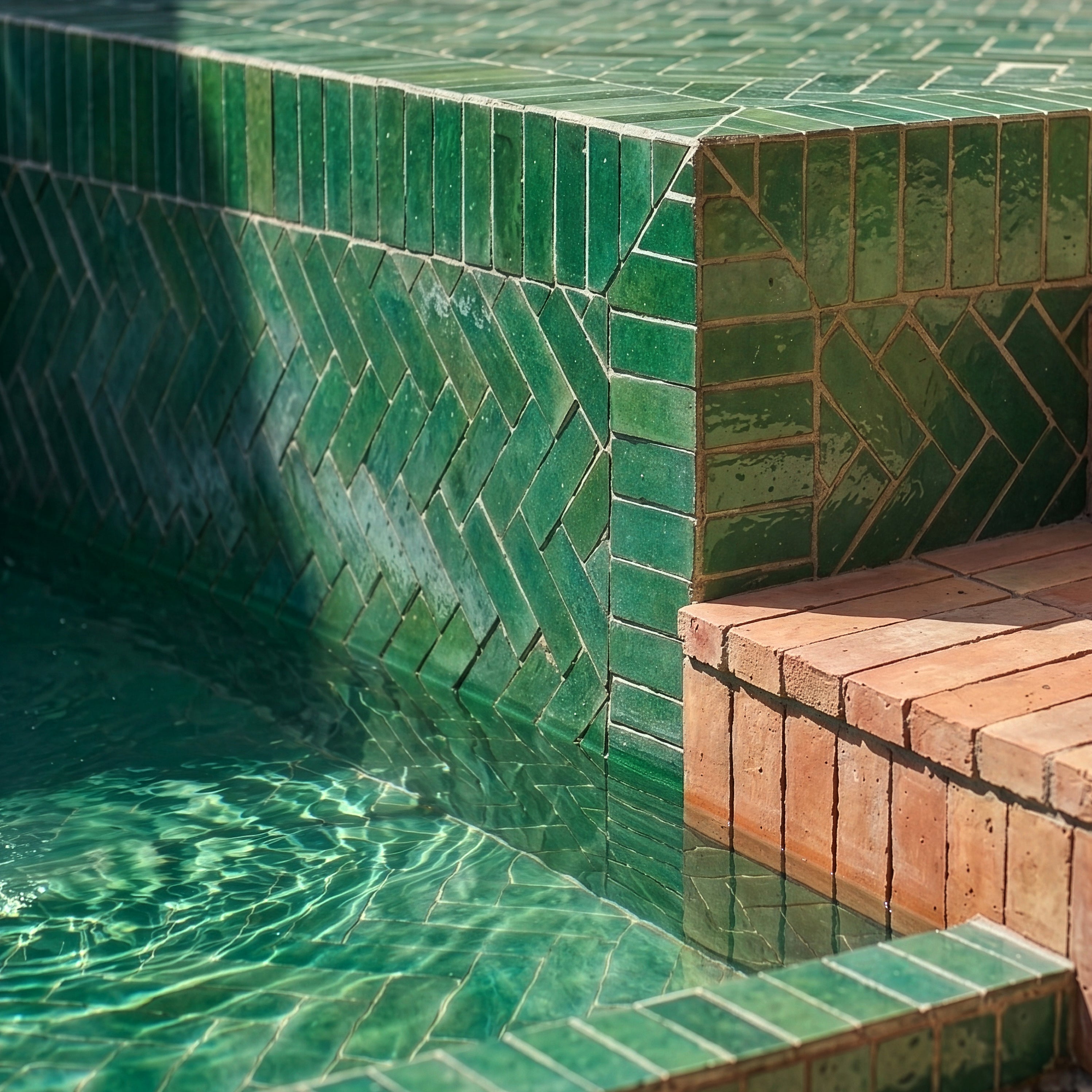 Jade Glazed Zellige Plinth in green handmade Moroccan tile installed by pool, part of Small Format Tiles collection