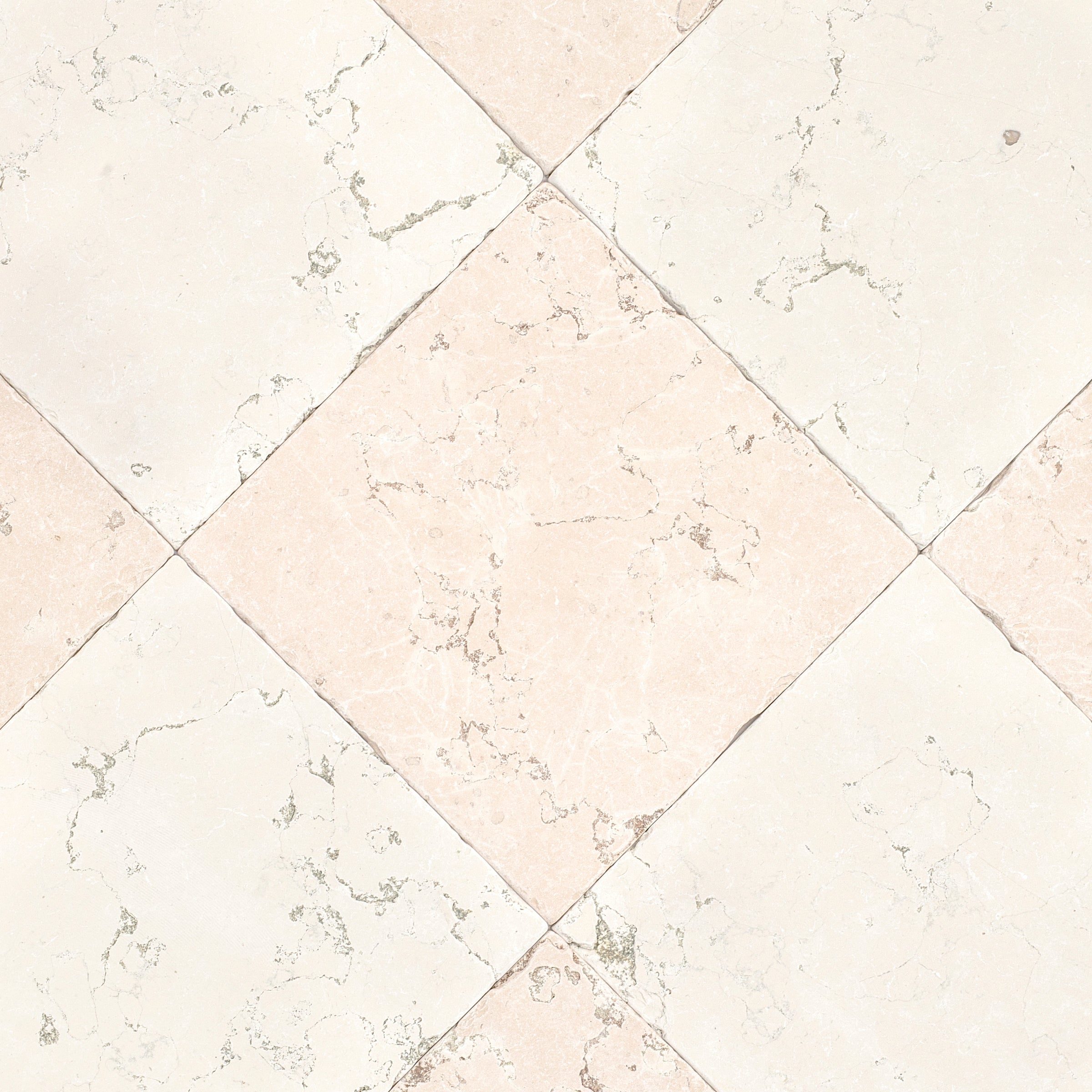 Diagonal arrangement of light beige and cream ceramic tiles with subtle marble veining on smooth flooring surface