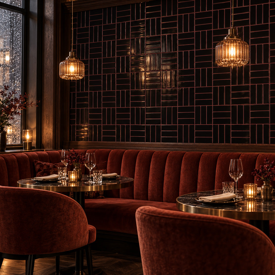 Moody restaurant interior with dark geometric wall tiles copper pendant lights and burgundy velvet seating