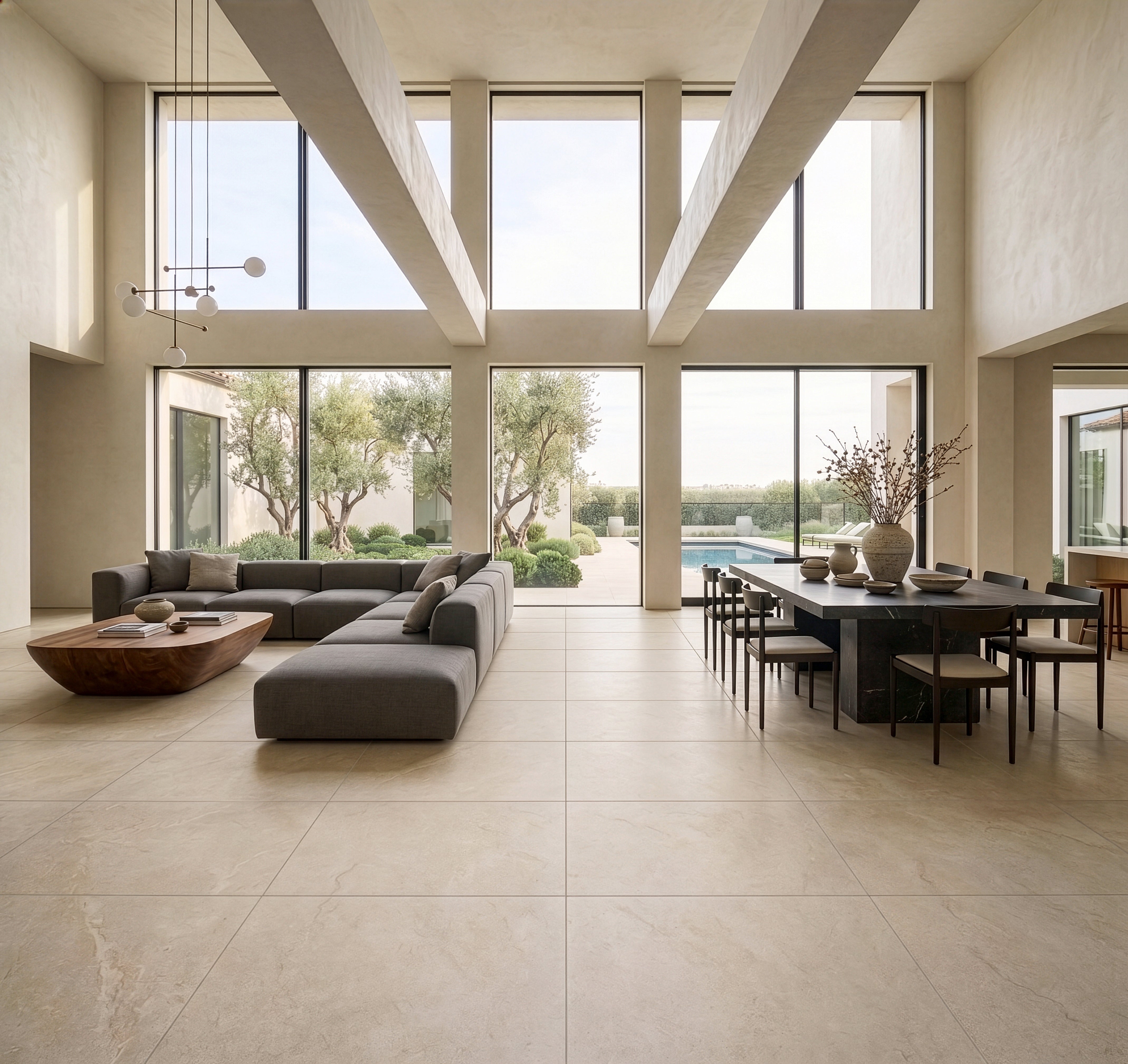 Spacious living and dining area with beige large format floor tiles, high ceilings, modern furniture, and outdoor views.