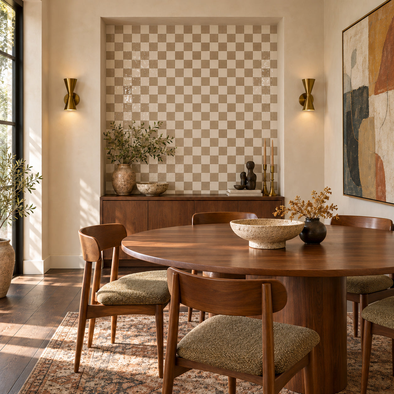 Warm dining room with a checkerboard tile accent wall wooden table and upholstered chairs