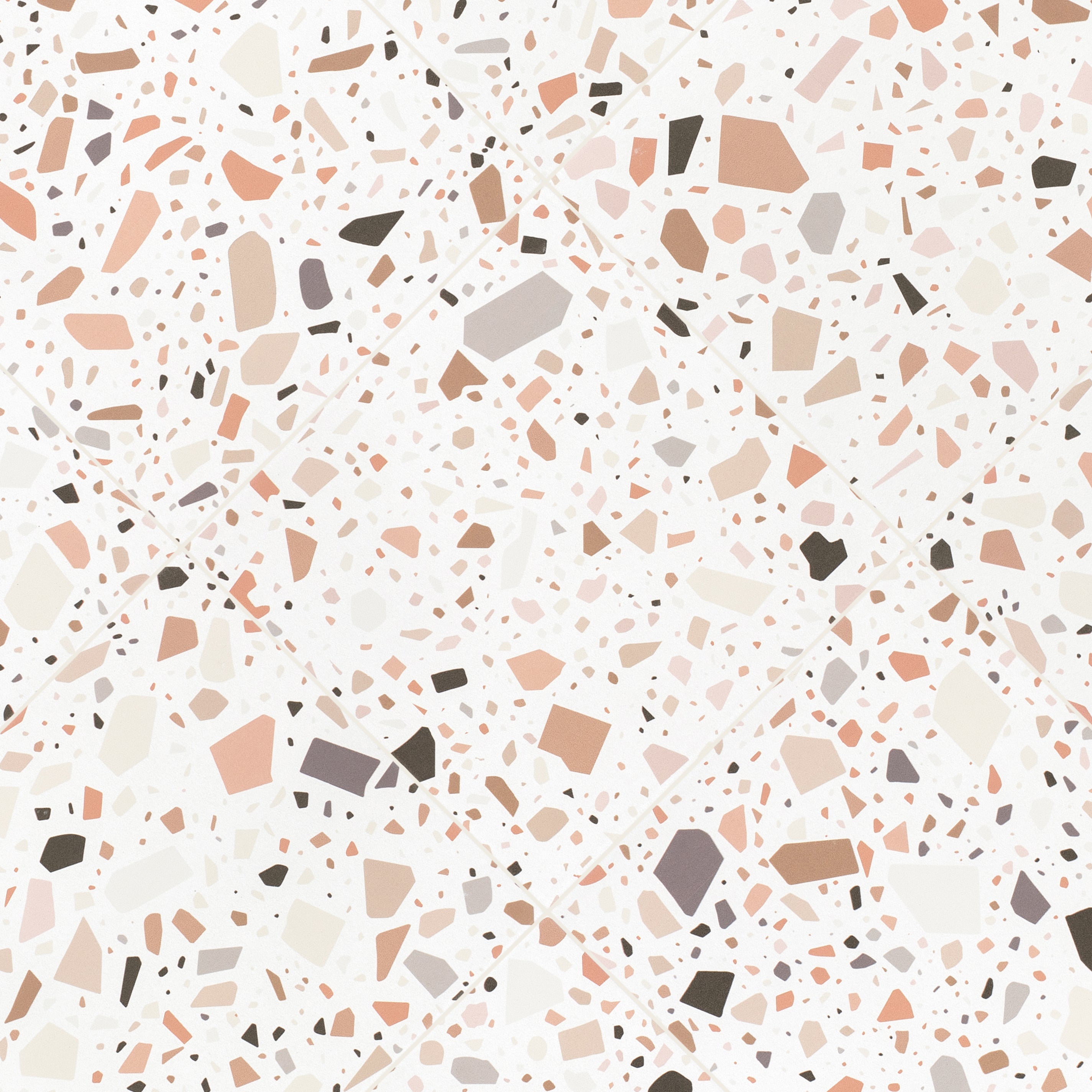 Pattern of terrazzo flooring with scattered stone chips in neutral shades on a light background