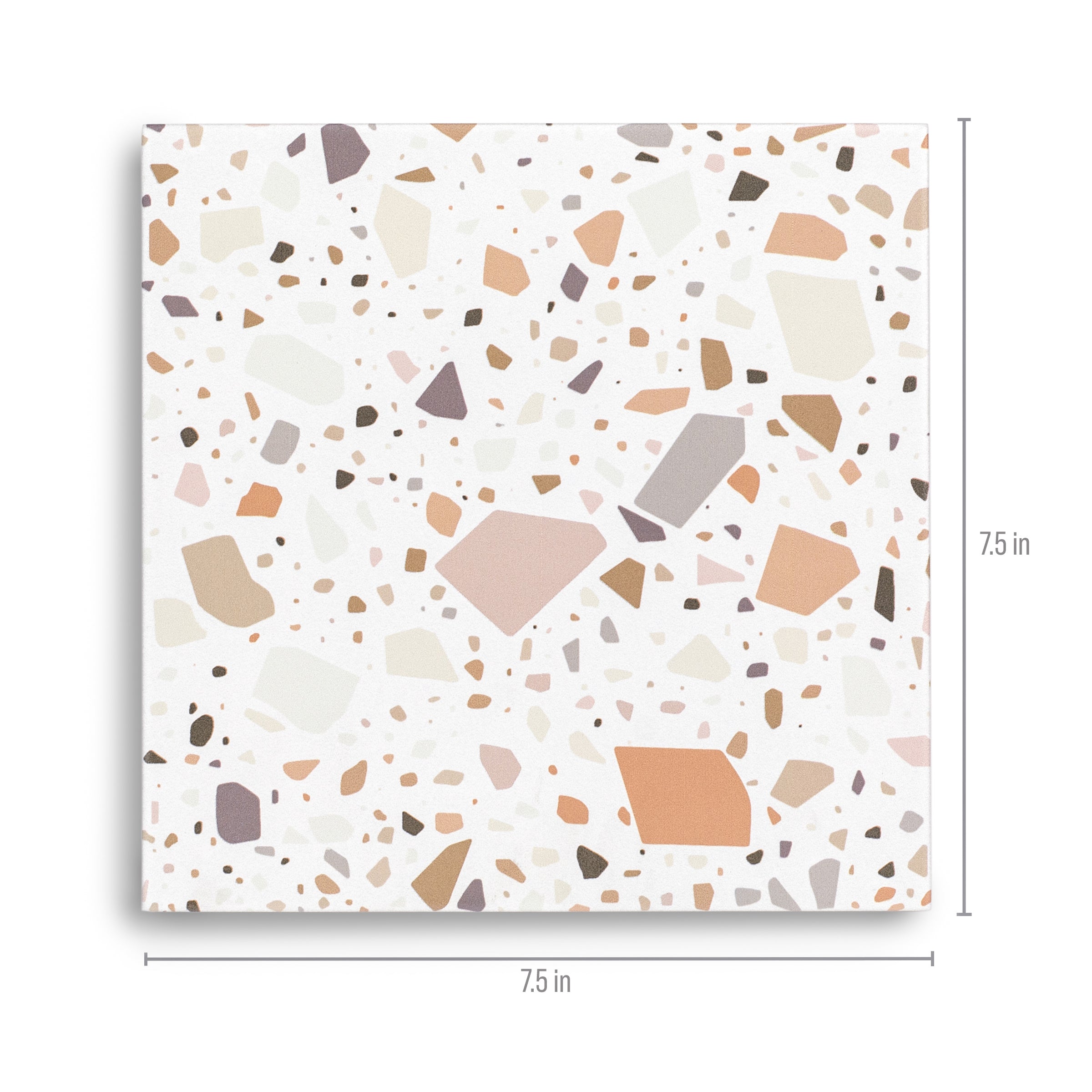 Square terrazzo tile with scattered multicolored chips in soft earth tones on white background