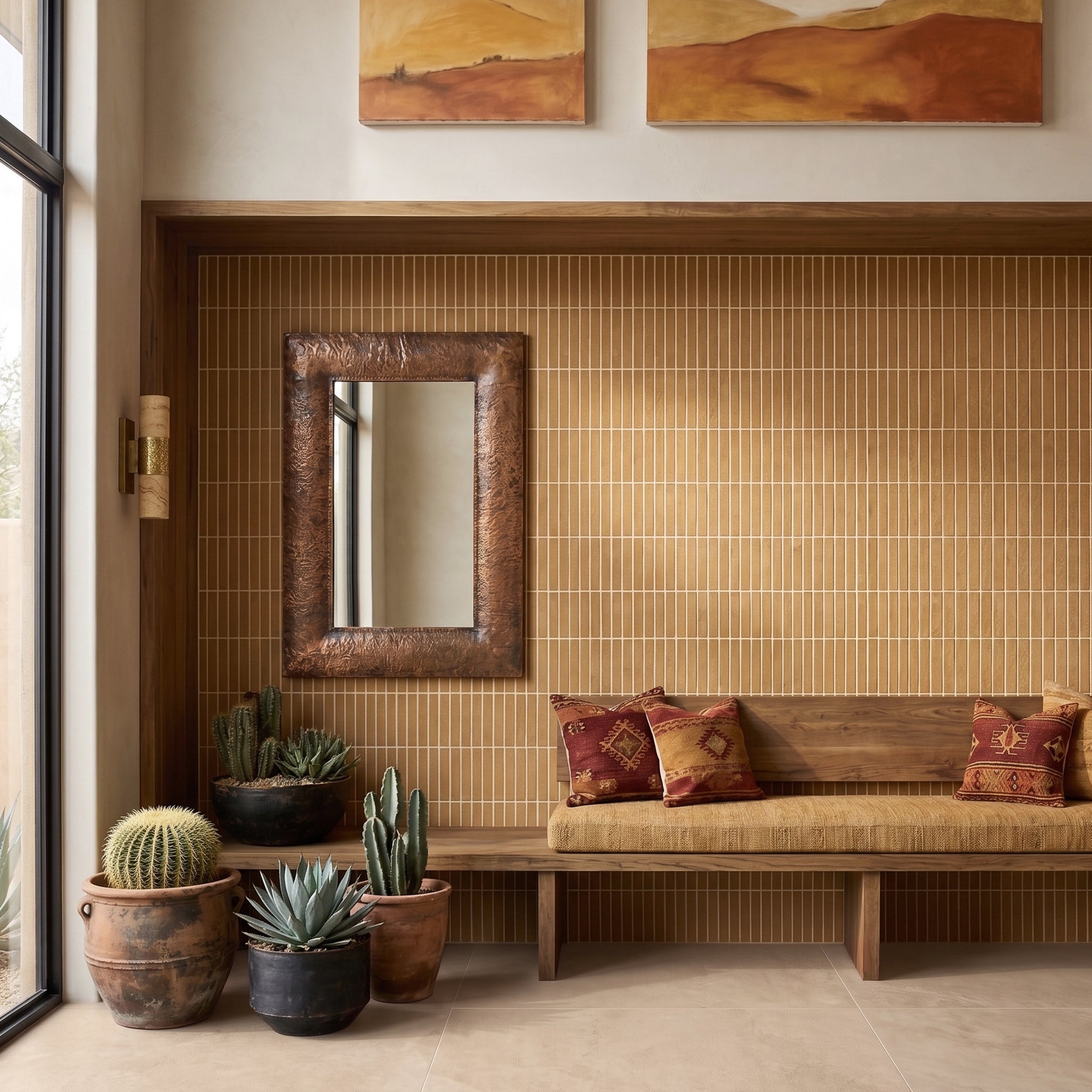 Natural Stripes Textured Terracotta Mosaic wall tile in a warm living space with rustic decor and indoor plants.