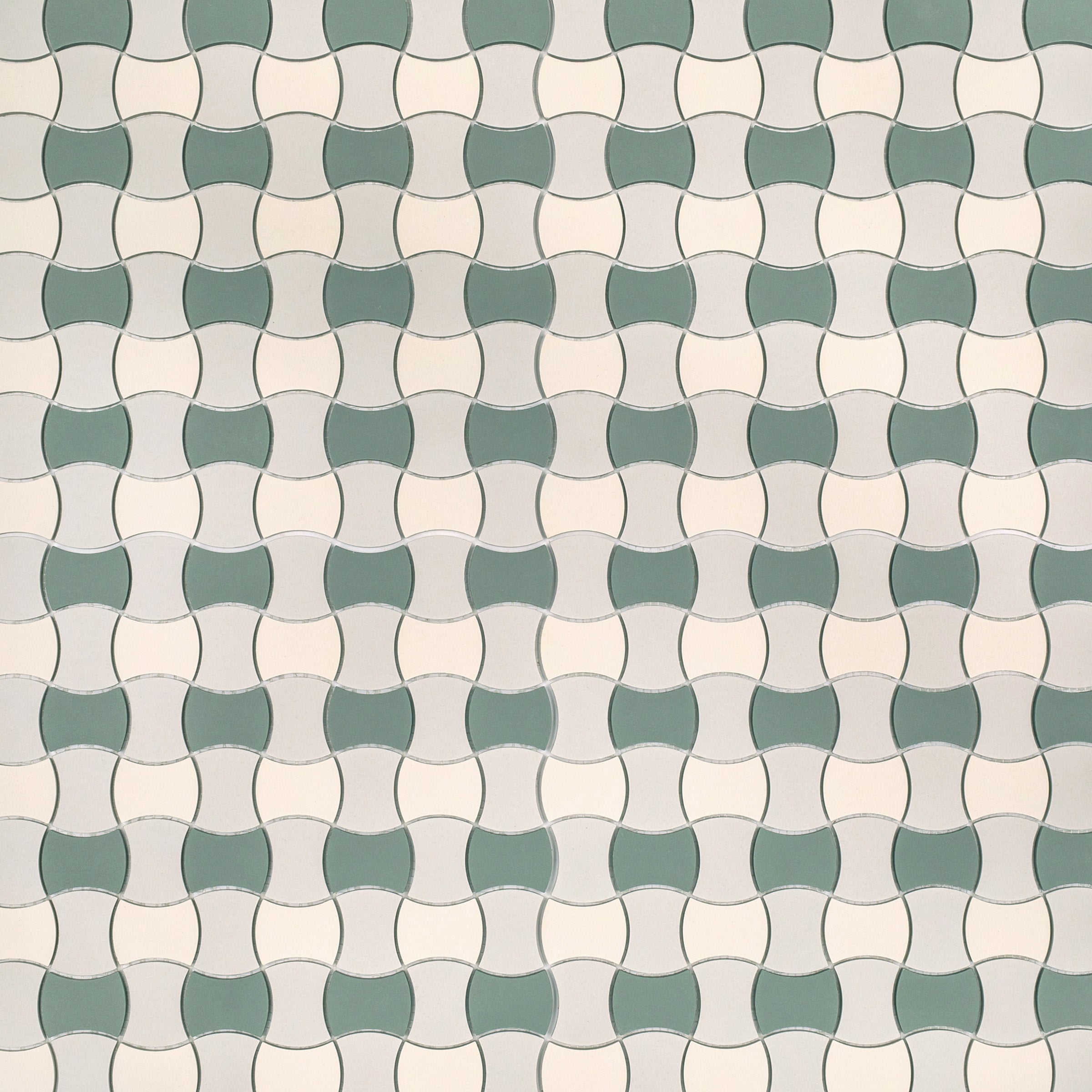 Green Cream Fog 12x12 Butterfly Porcelain Mosaic in sage green, beige, and gray from Porcelain and Forma Porcelain Mosaics