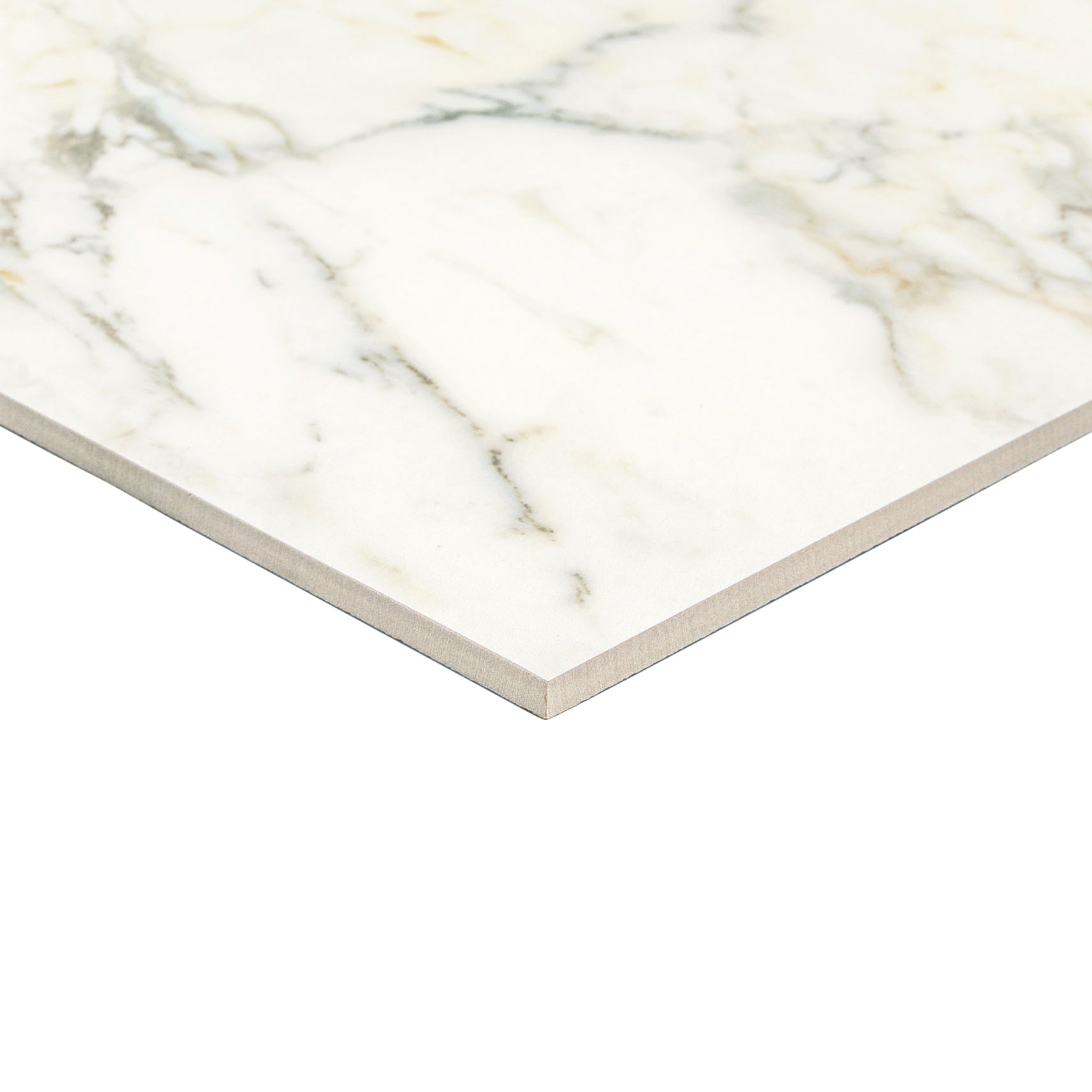 Large format porcelain tile with white marble effect and subtle gray and beige veining on surface