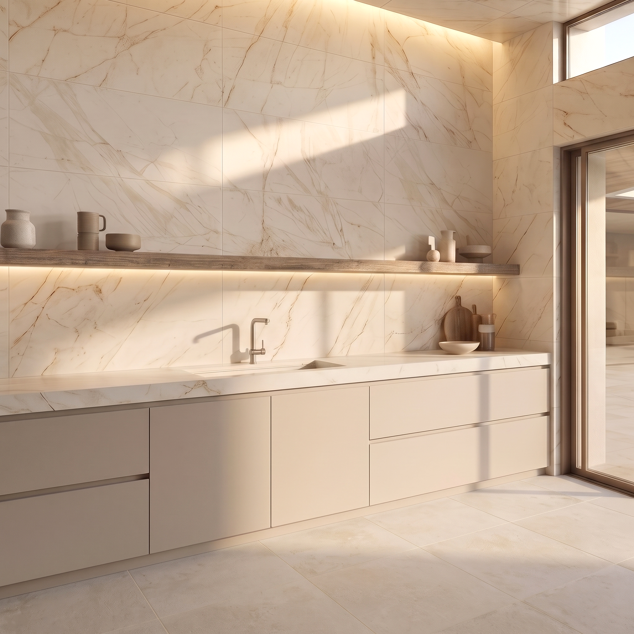 Modern kitchen with beige cabinetry, marble-effect large format tiles on walls and floor, and floating wooden shelf with decor.