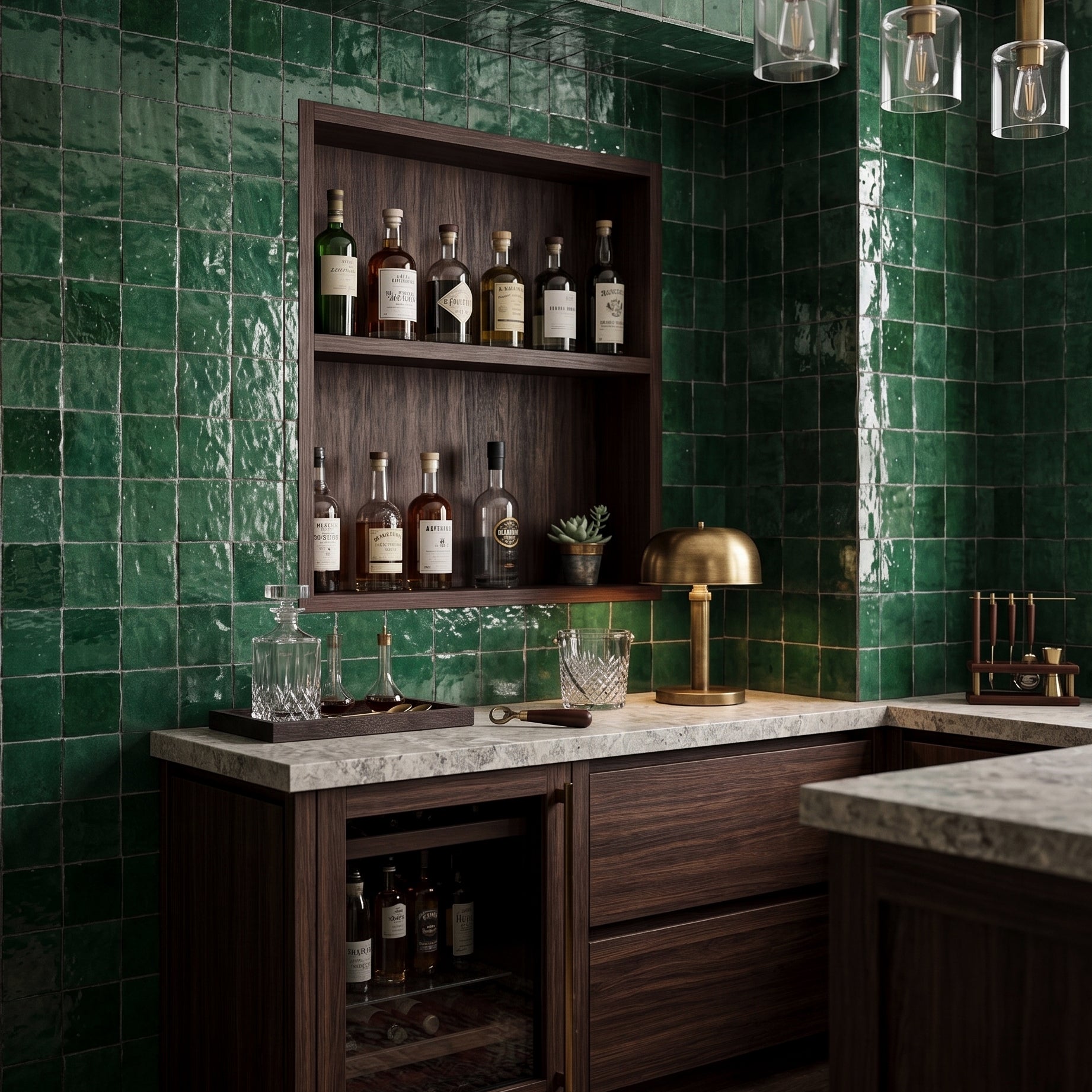 Modern kitchen bar featuring deep green Jade Glazed Zellige Tile in Small Format Tiles collection, stylish and versatile design.