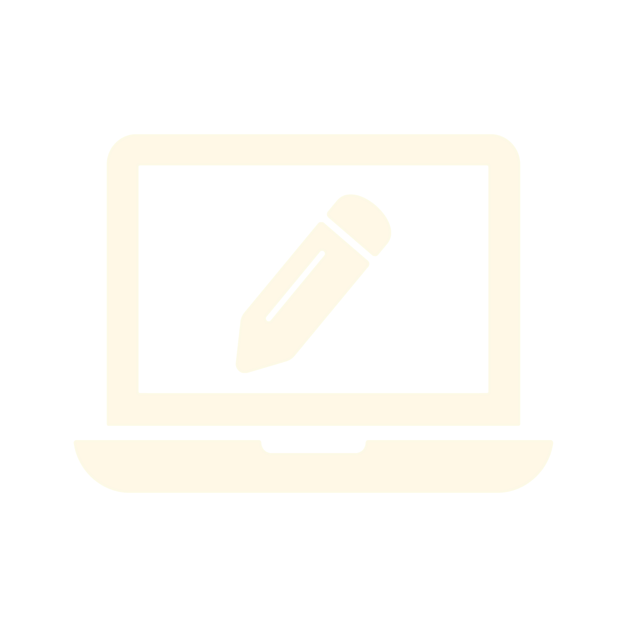 Minimalist cream icon of a laptop displaying a pencil symbol representing digital design or editing on a light background