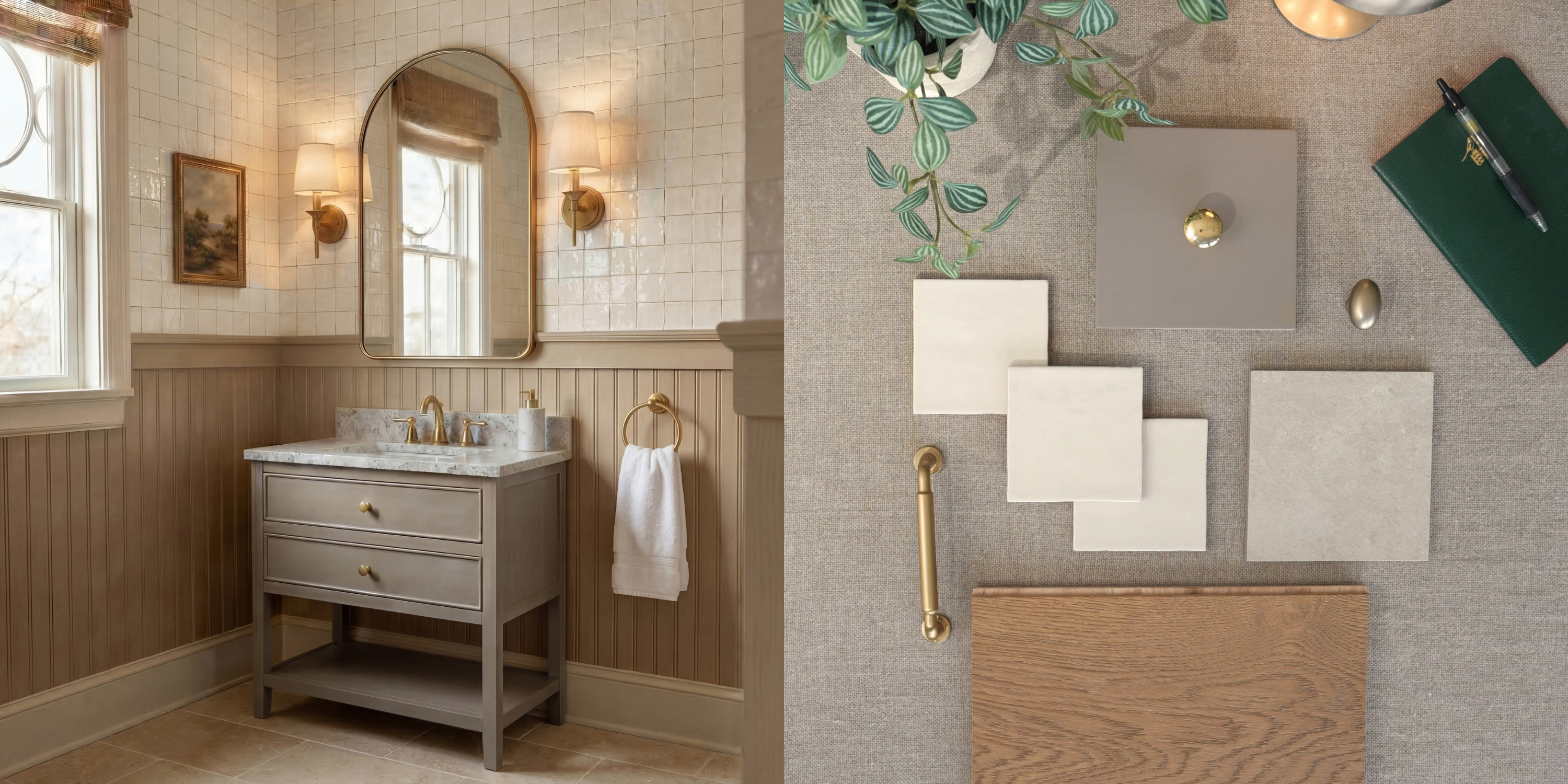 Neutral bathroom with a wood vanity and marble sink paired with tile and hardware samples on a fabric surface