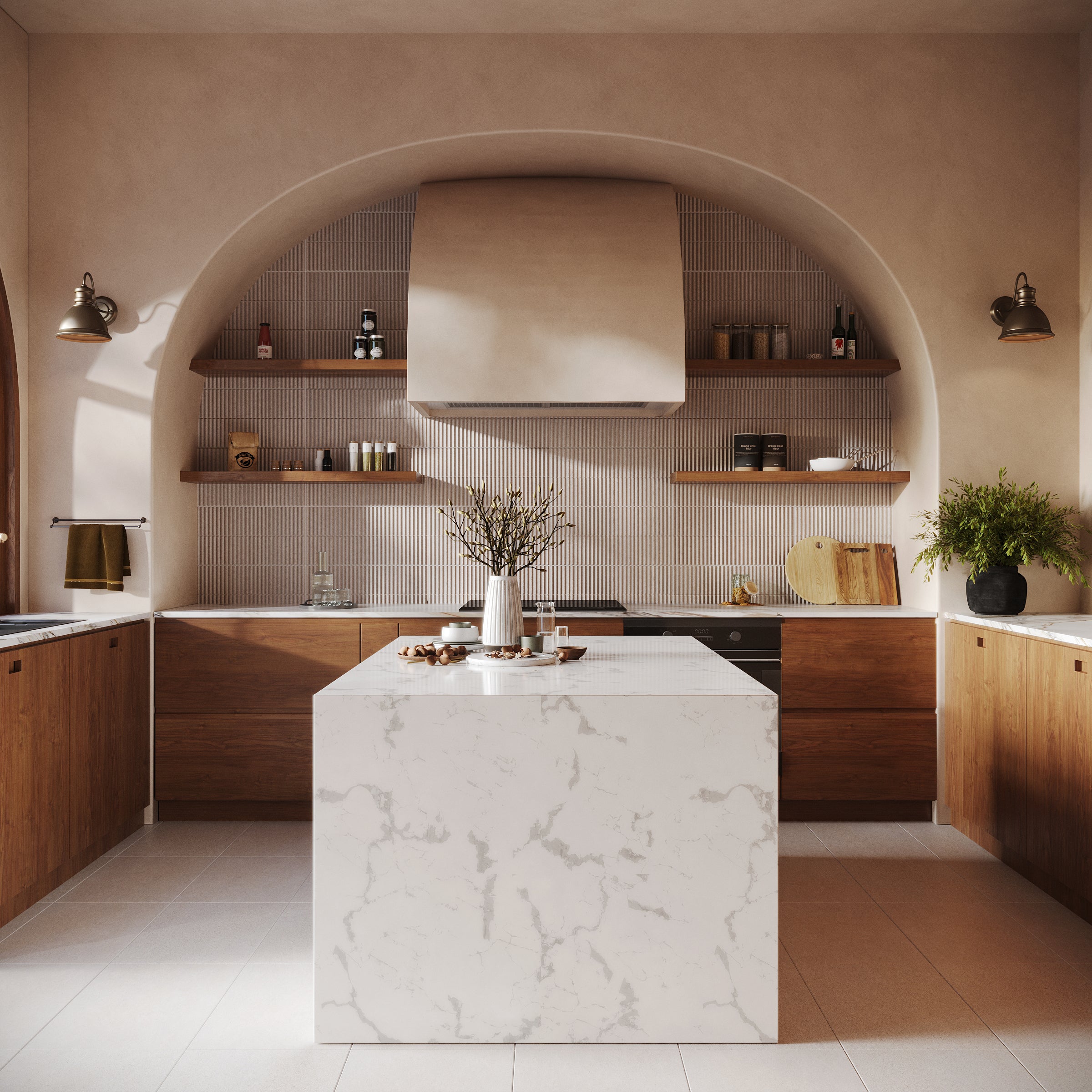 Kitchen with wood cabinetry, white marble island, open wood shelves, beige tiled backsplash, and arched wall niche lighting
