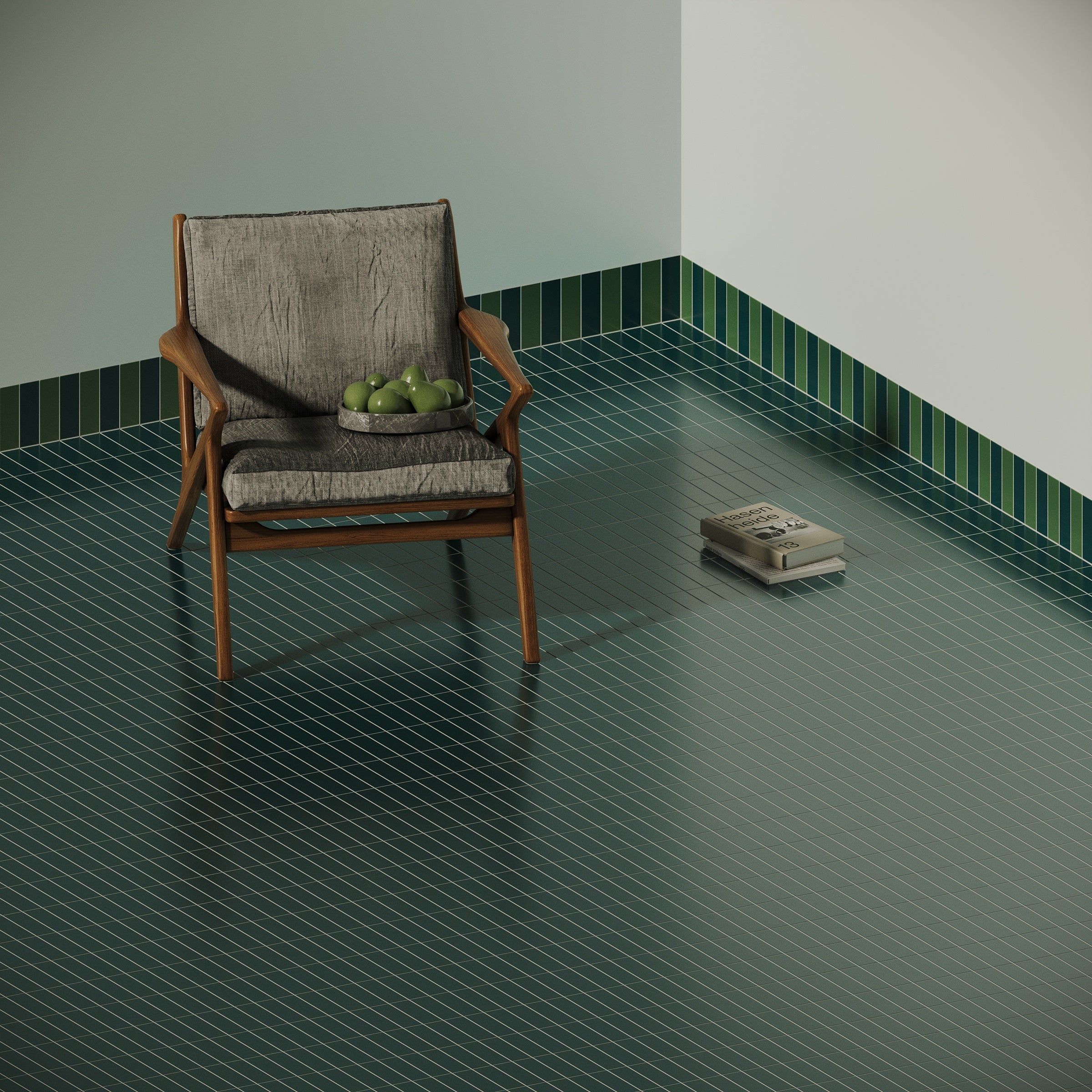 Modern wooden chair with gray cushion on glossy dark green rectangular floor tiles and striped wall border tiles