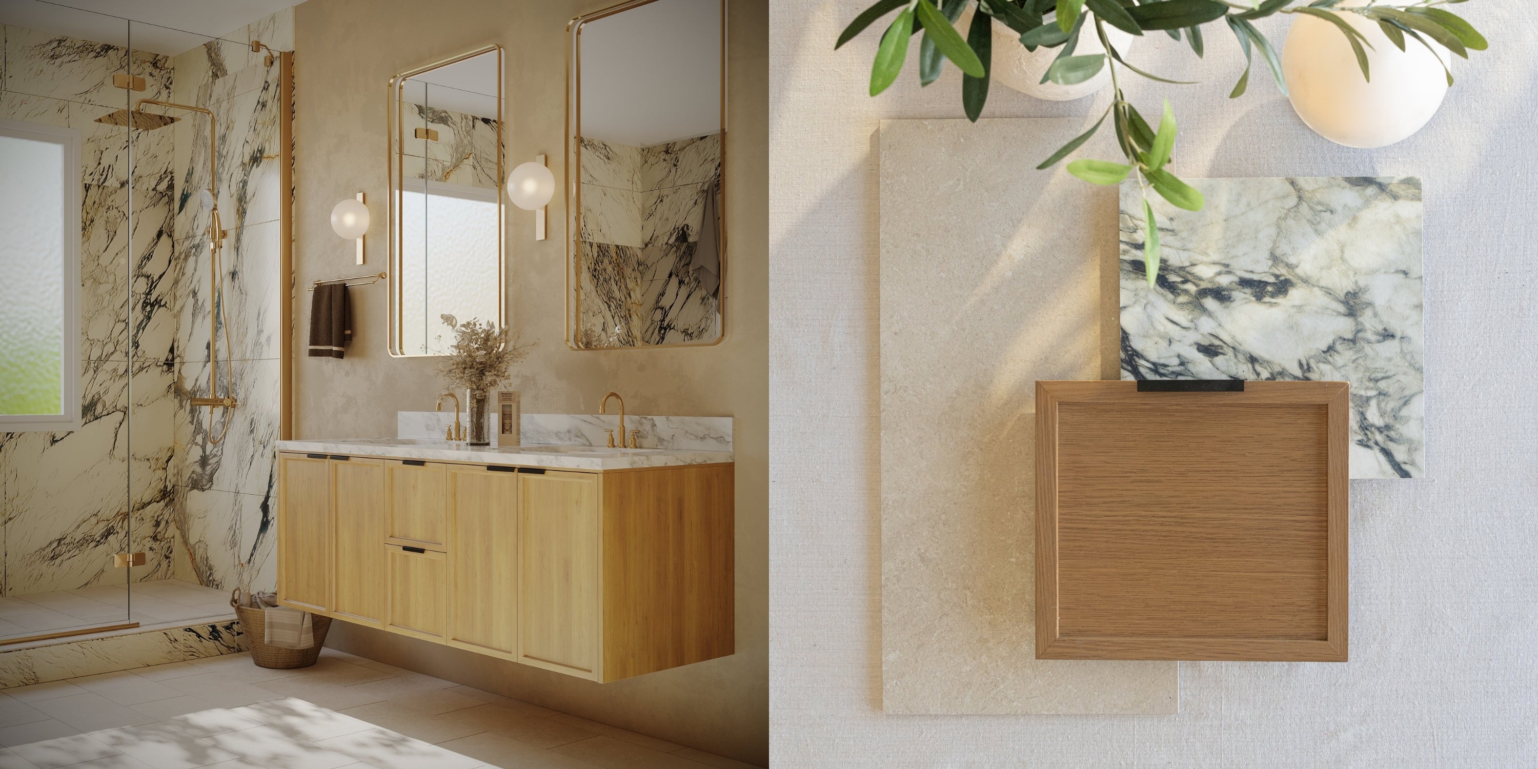 Light bathroom with floating wood vanity, marble walls, dual mirrors, and sunlight casting shadows on neutral tiles and greenery