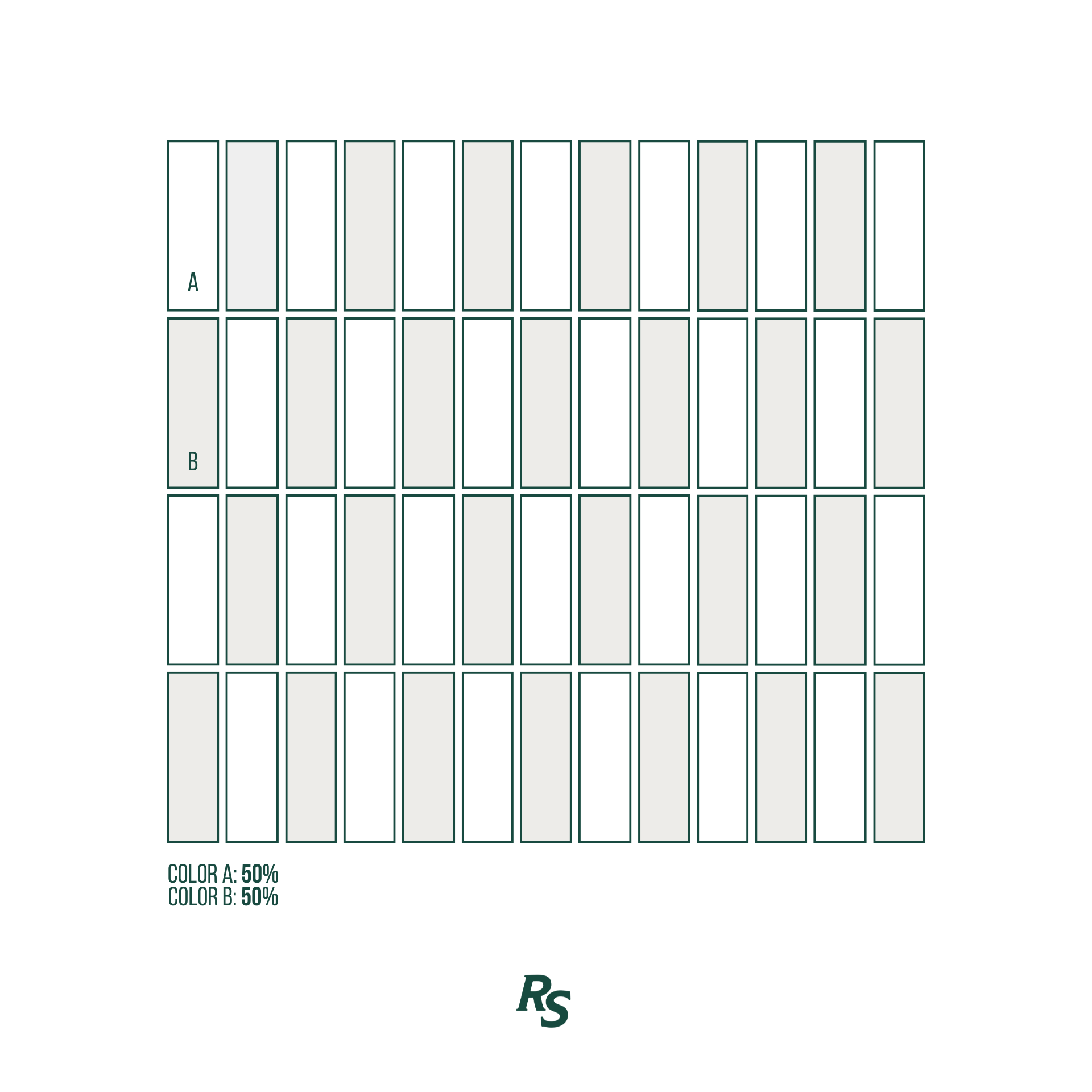 Diagram of rectangular tiles in two alternating neutral shades labeled A and B with equal 50 percent distribution and RS logo below
