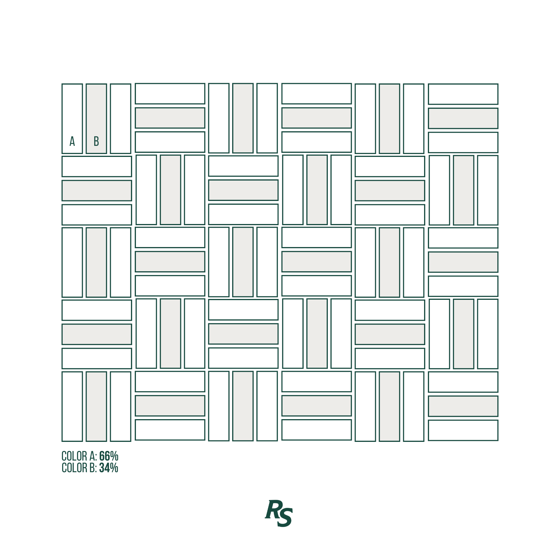 Minimalist tile pattern diagram showing two colors labeled A and B with respective percentage distribution and a small RS logo below