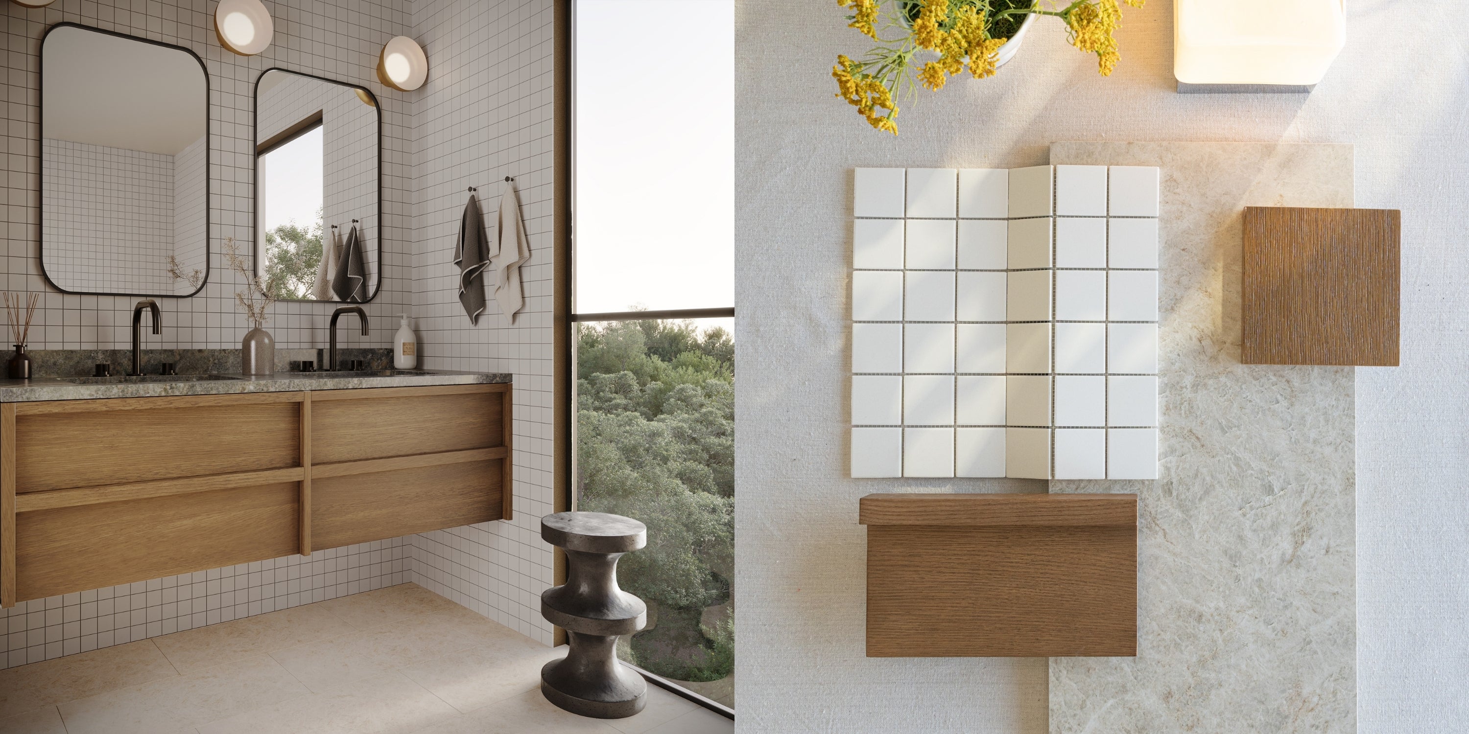 Modern bathroom with wood vanity, two black-framed mirrors, white square tiles, and a flat lay of tile and wood samples with flowers