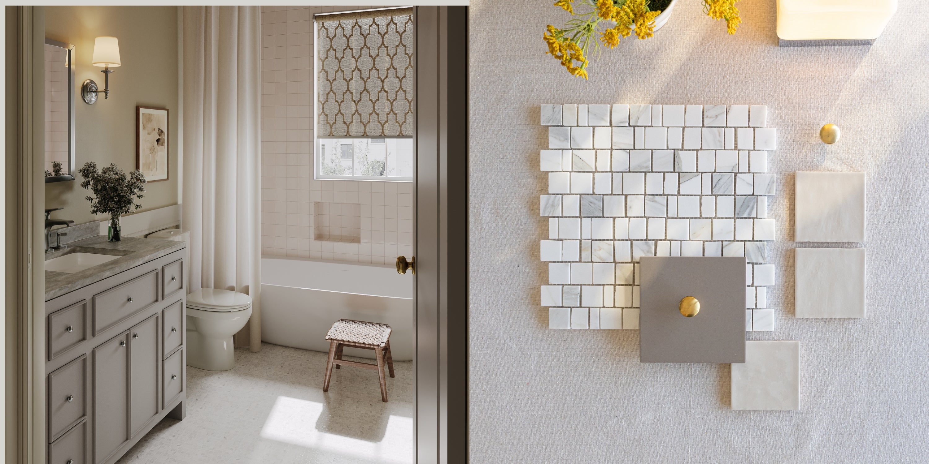 Bright bathroom with gray vanity, marble countertop, and a flat lay of varied light ceramic tile samples with yellow flowers
