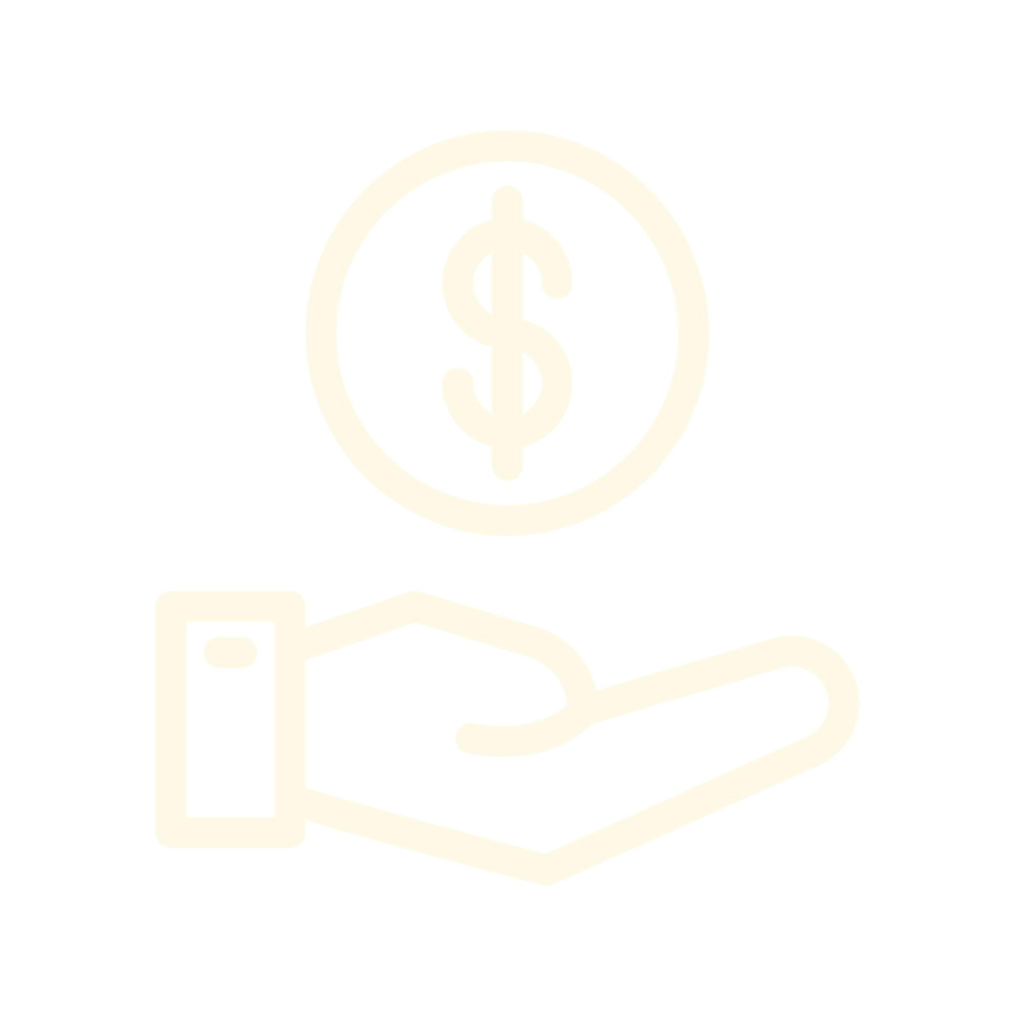 Cream-colored line art of an open hand holding a dollar symbol inside a circle on a transparent background