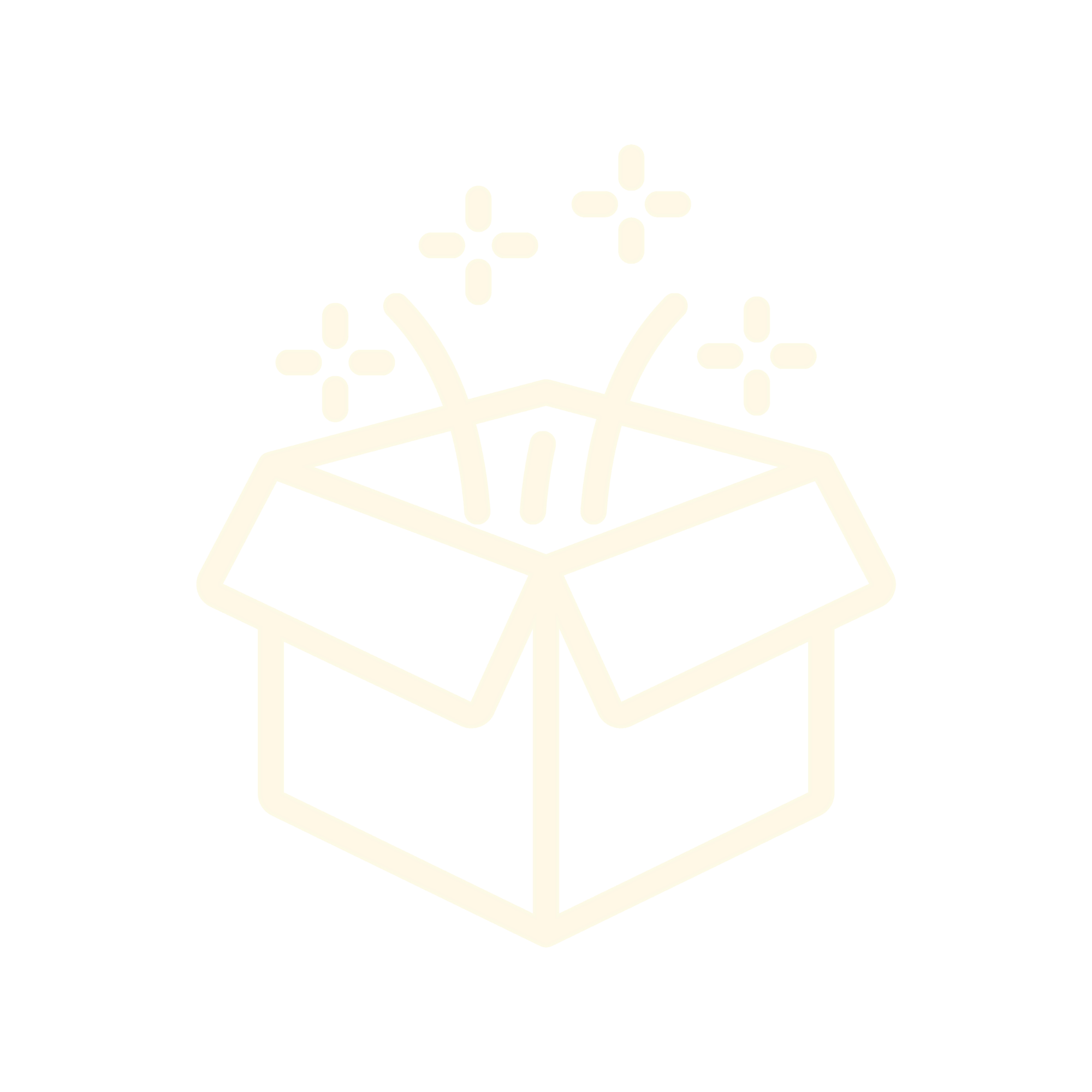 Cream-colored outline of an open box with sparkles rising above, symbolizing new arrivals or special delivery