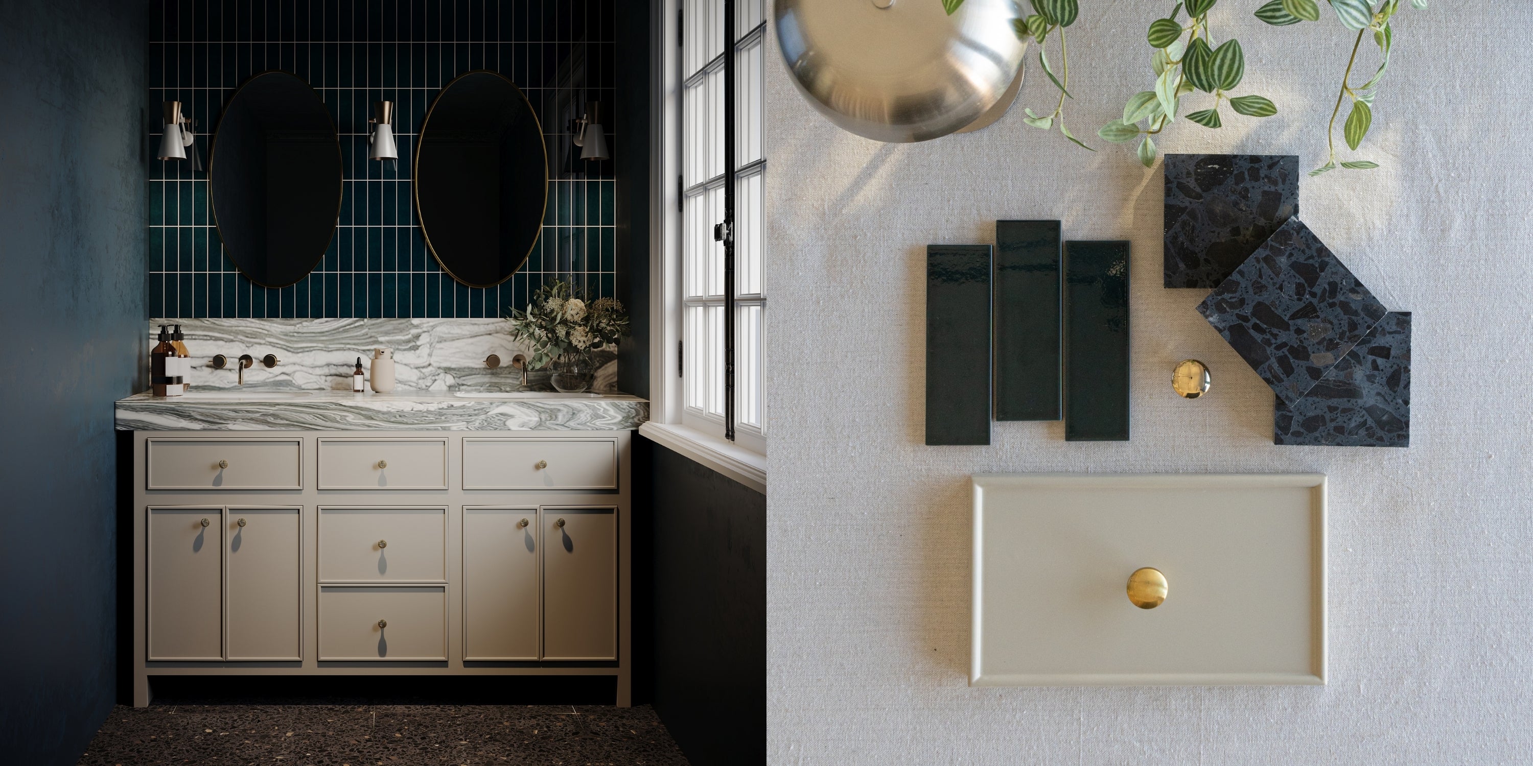 Dark green rectangular ceramic tiles with a glossy finish beside a beige rectangular sink and marble countertop in a modern bathroom setting